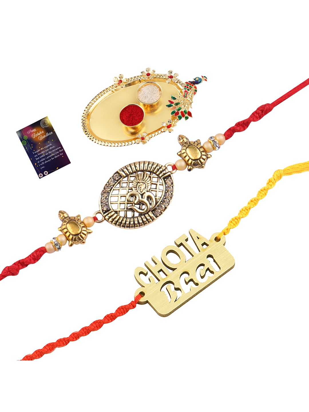 

Silver Shine 2 Rakhi With Pooja Thali Roli Chawal And Greeting Card, Multi