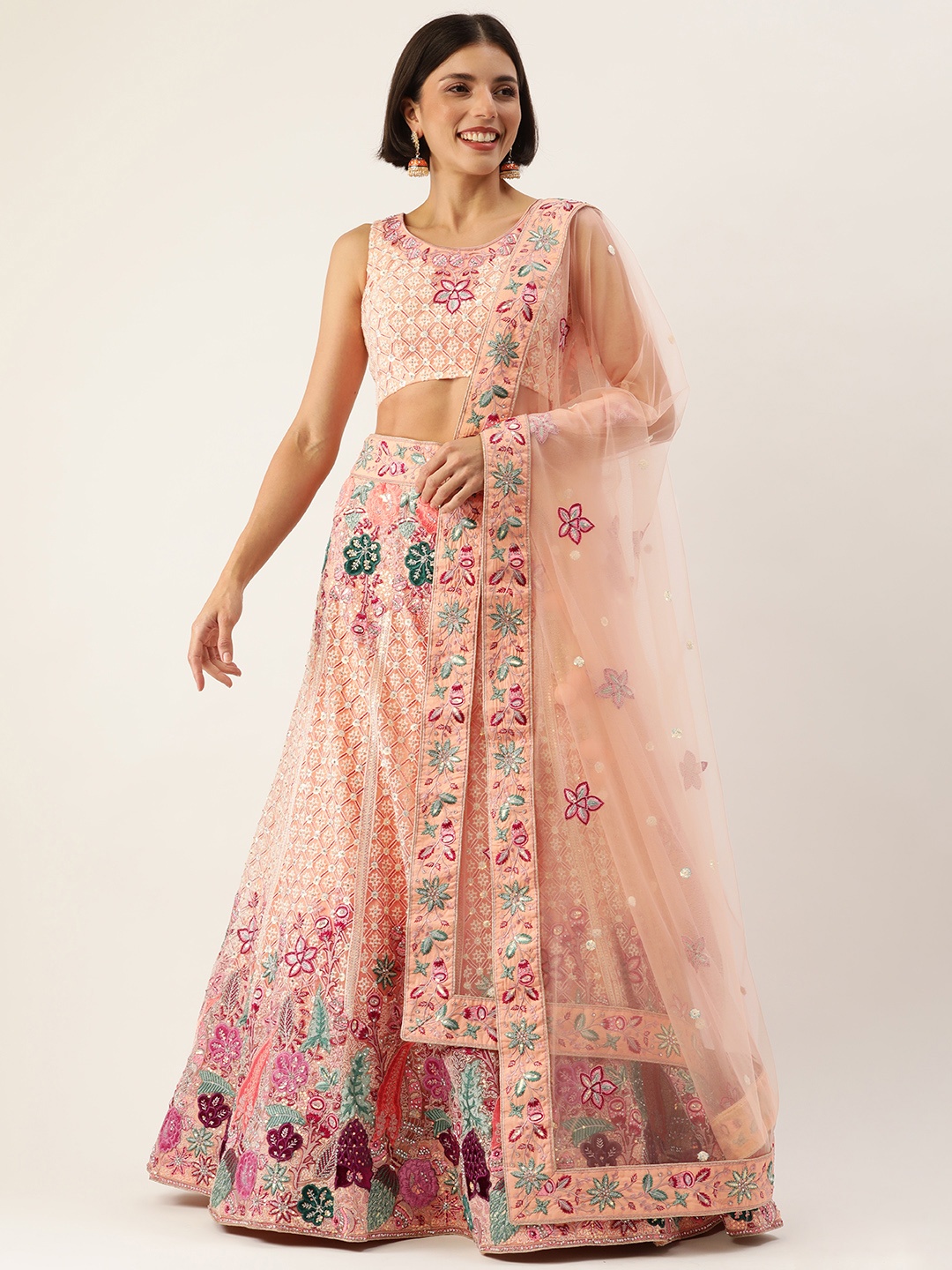 

panchhi Peach-Coloured Embroidered Sequinned Semi-Stitched Lehenga & Unstitched Blouse With Dupatta