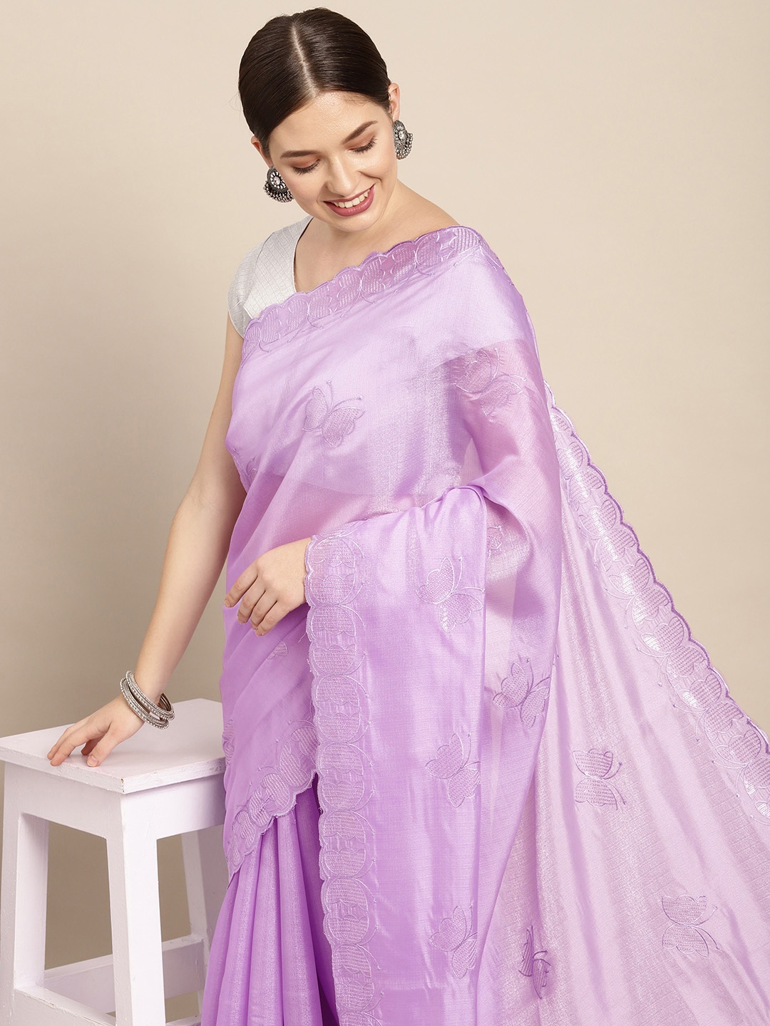 

PERFECTBLUE Lavender Butterfly Sequinned Organza Saree