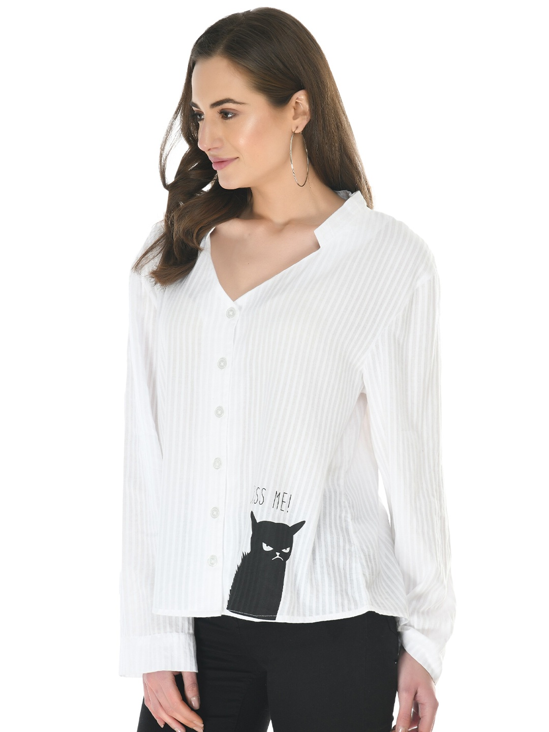 

DOLSU Women White Striped Casual Shirt