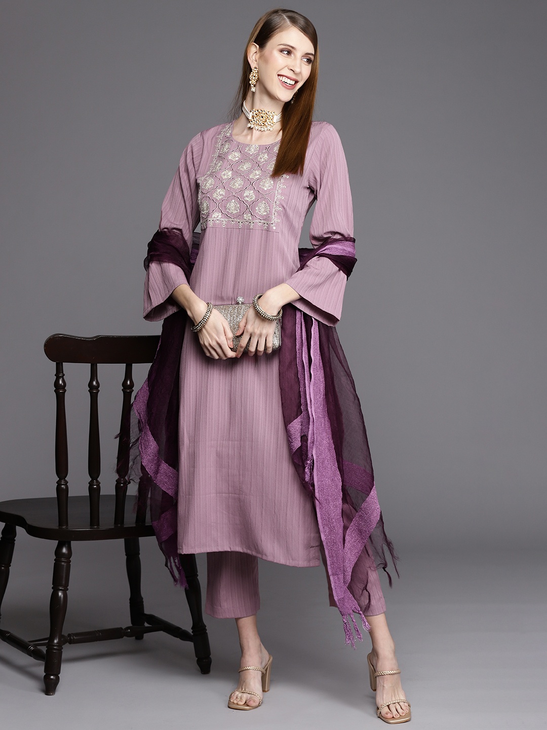 

Varanga Women Mauve Ethnic Motifs Yoke Design Kurta with Trousers & With Dupatta