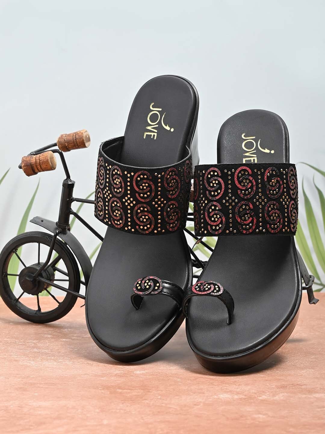 

Jove Black PU Ethnic Wedge Sandals