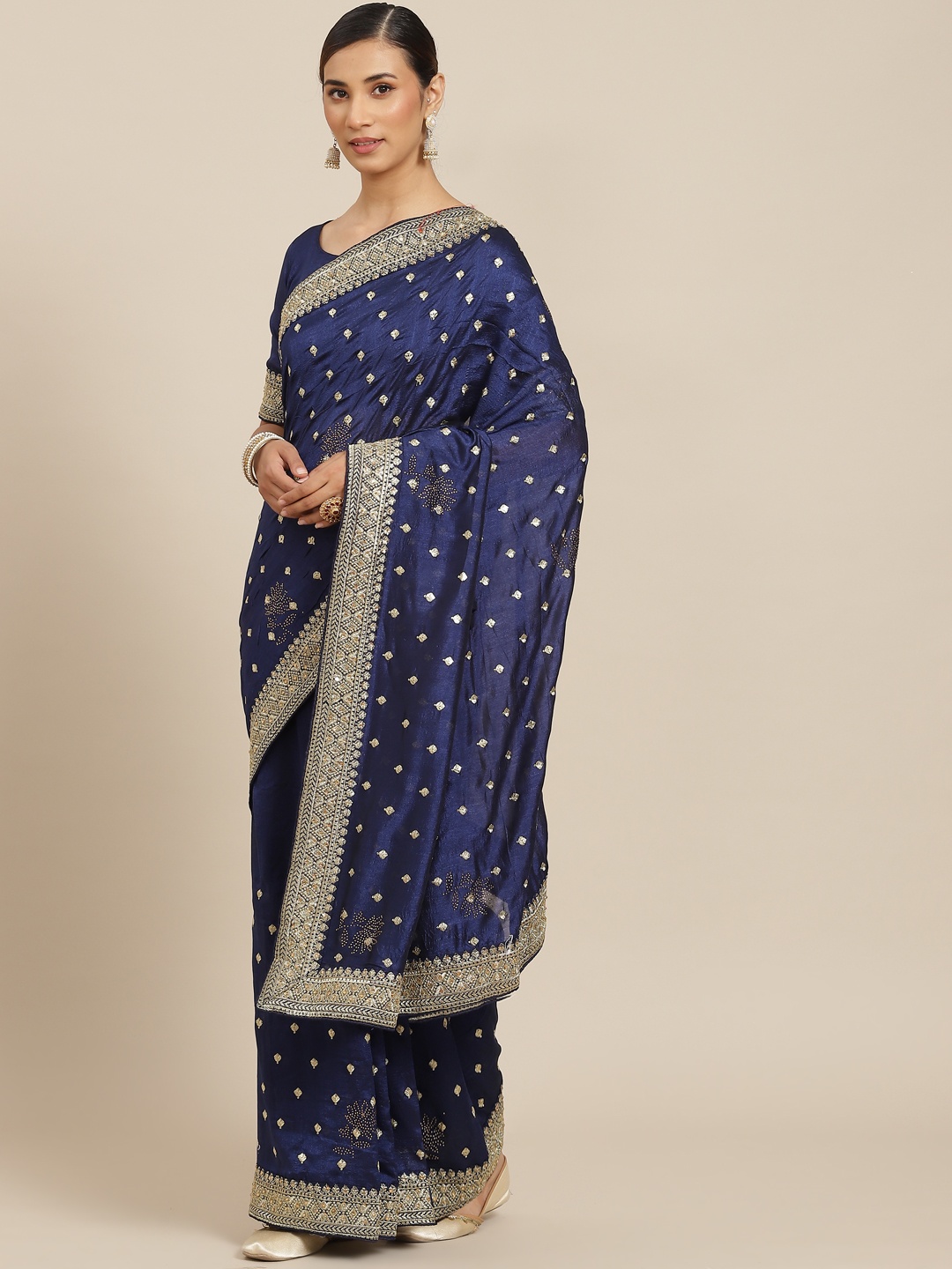 

Kalista Navy Blue Ethnic Motifs Zari Saree