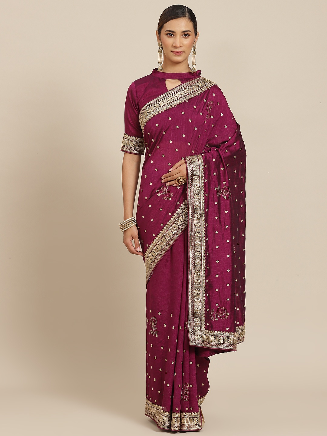 

Kalista Burgundy & Gold-Toned Ethnic Motifs Zari Saree