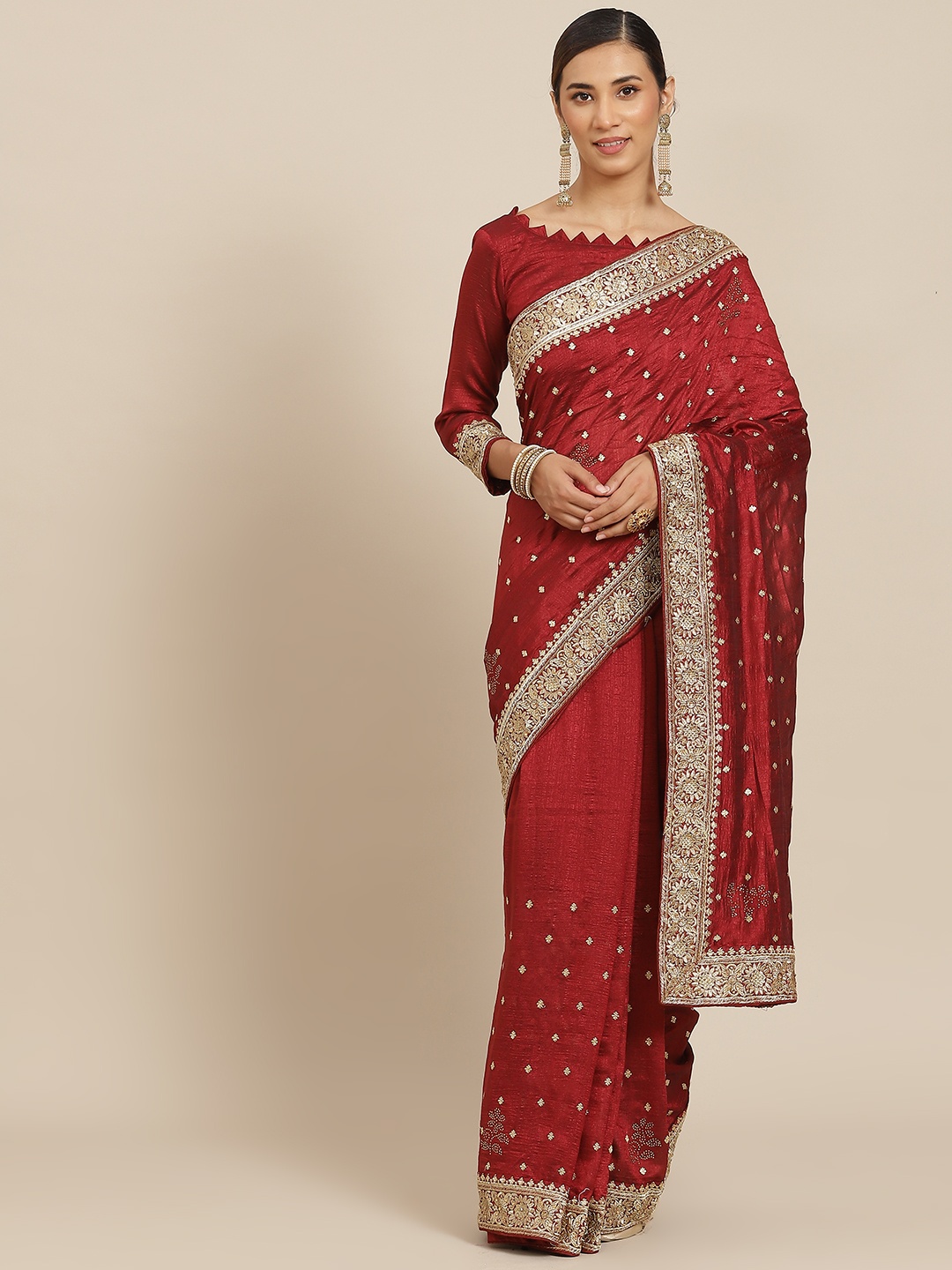 

Kalista Maroon & Gold-Toned Ethnic Motifs Zari Saree