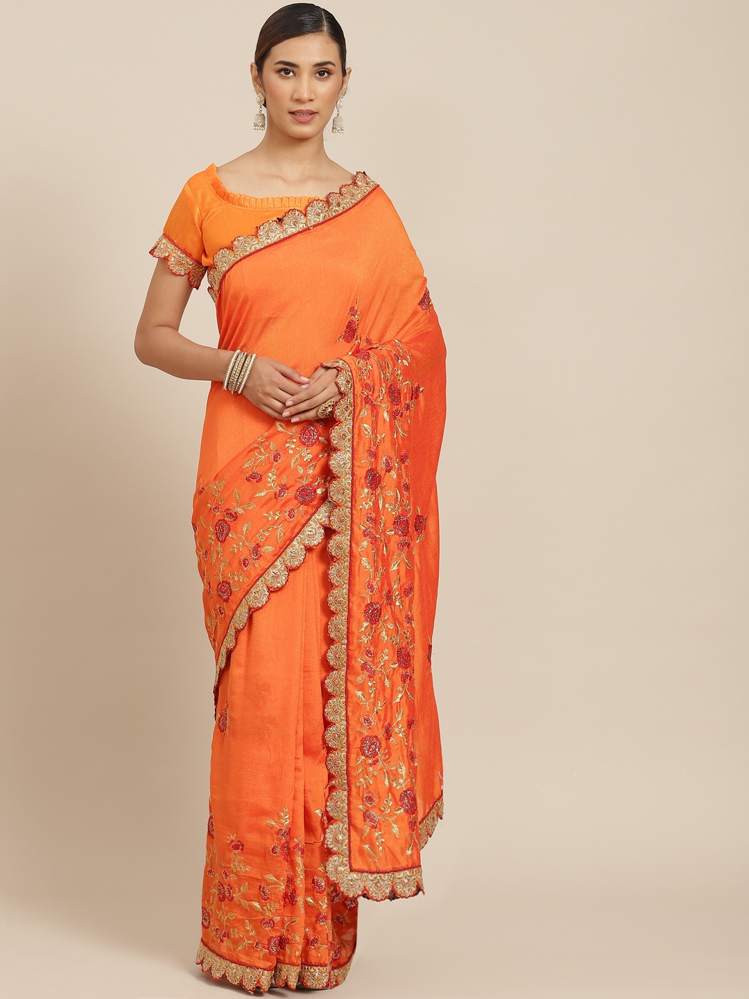 

Kalista Orange Floral Zari Saree