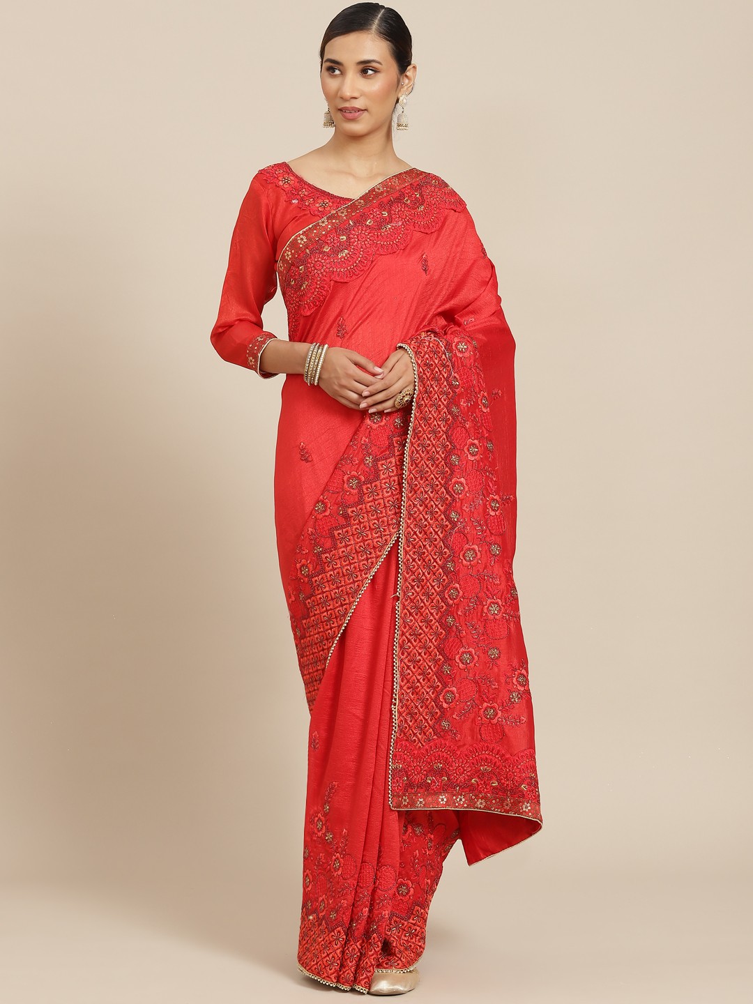 

Kalista Red Floral Embroidered Saree