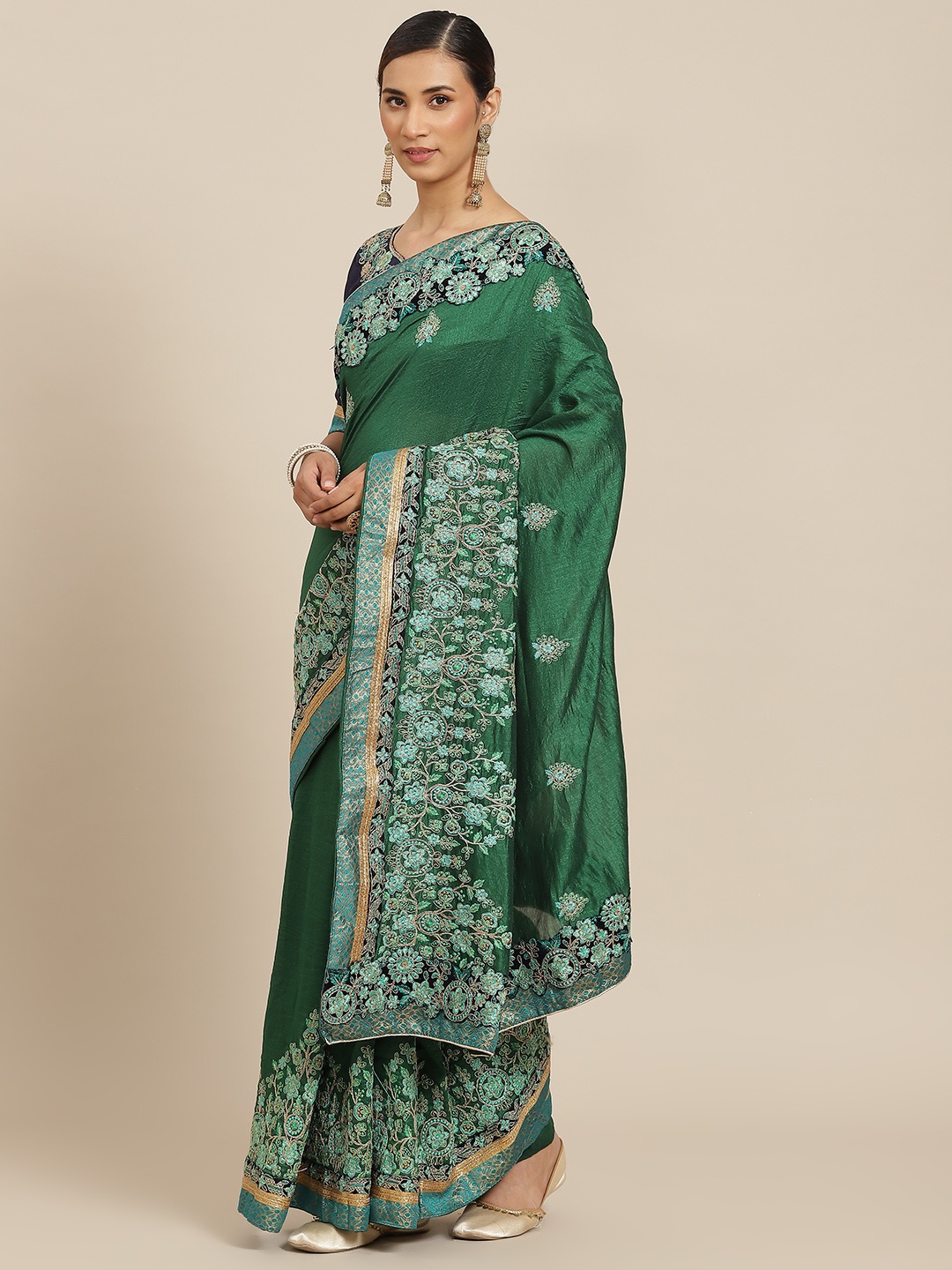 

Kalista Green Floral Zari Saree