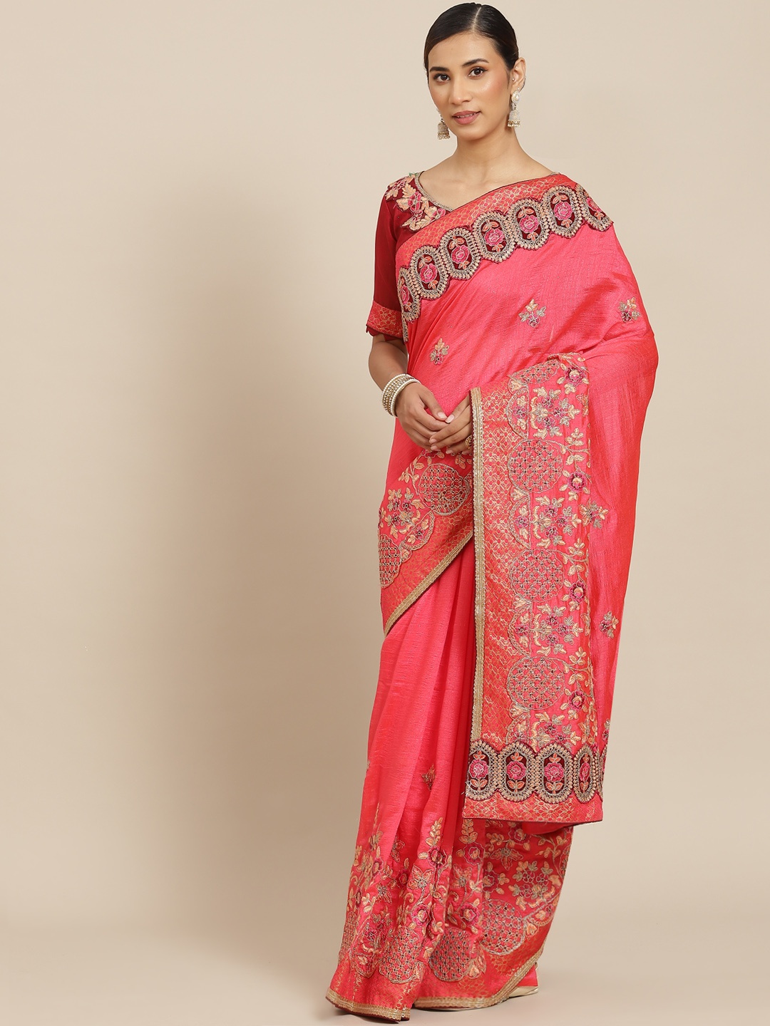 

Kalista Pink Floral Zari Saree