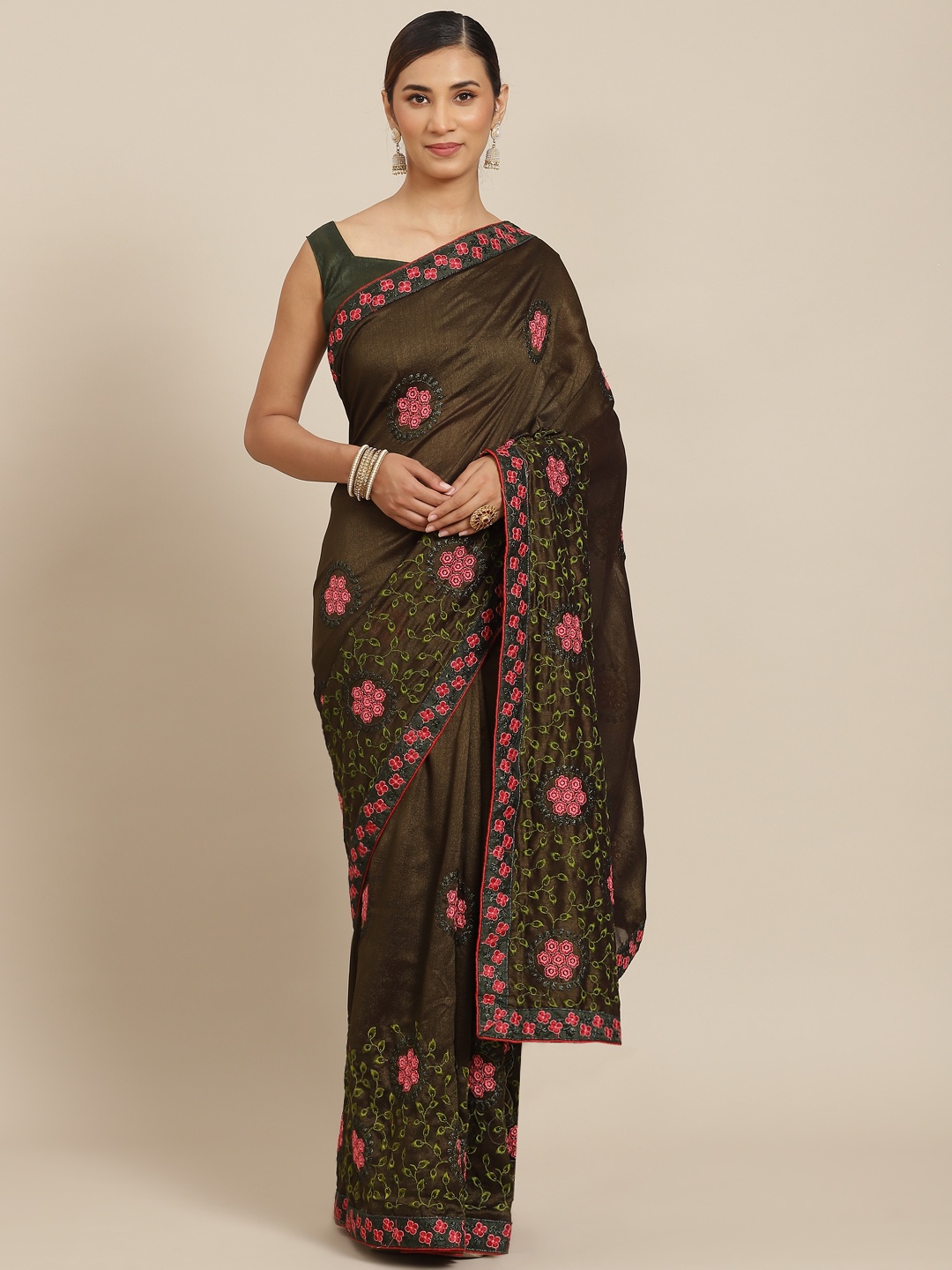 

Kalista Green & Pink Floral Embroidered Saree