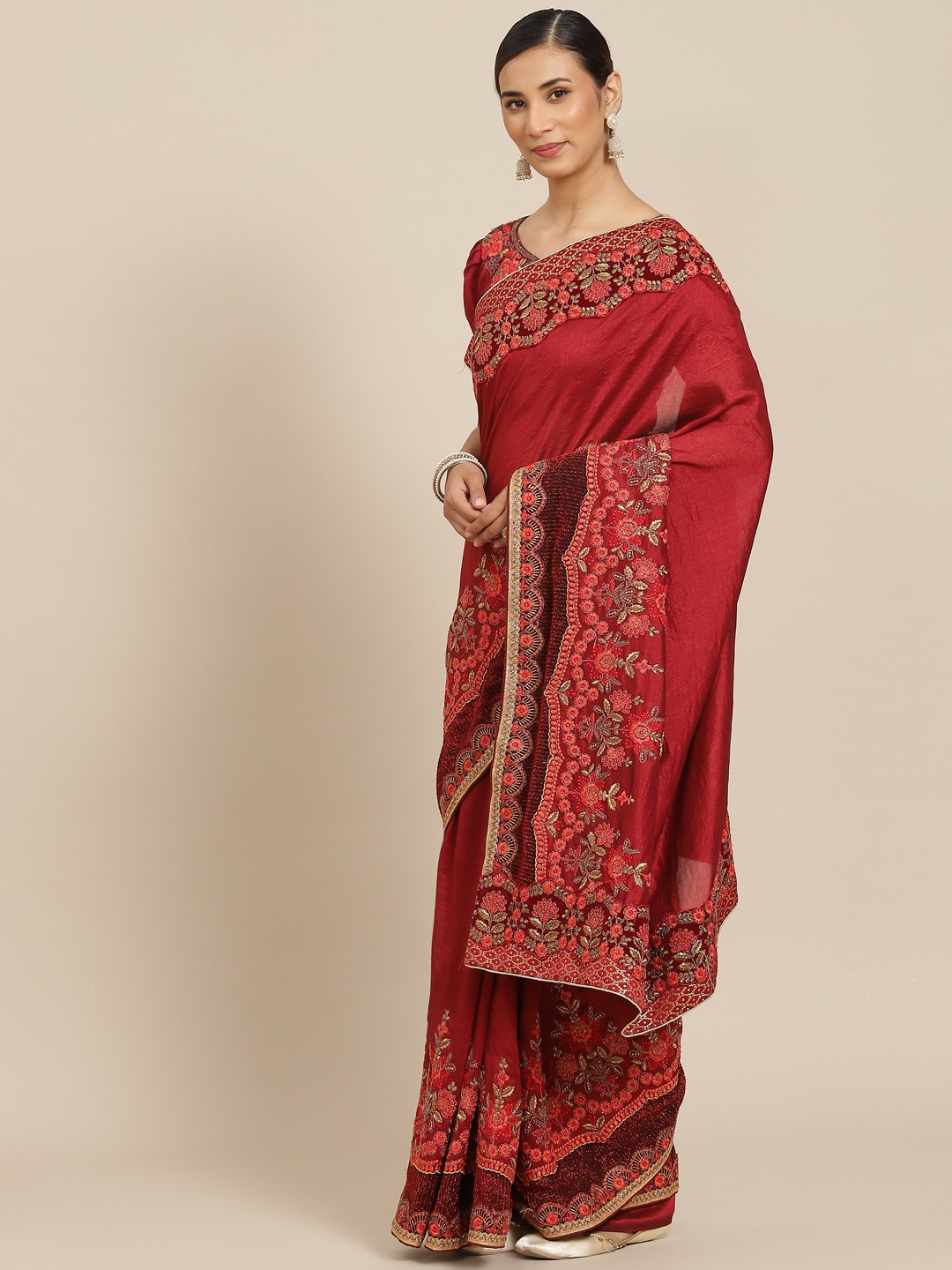 

Kalista Maroon Floral Zari Saree