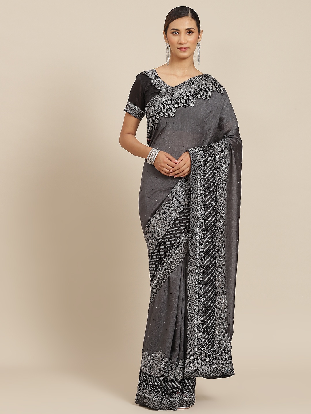 

Kalista Grey Floral Zari Saree