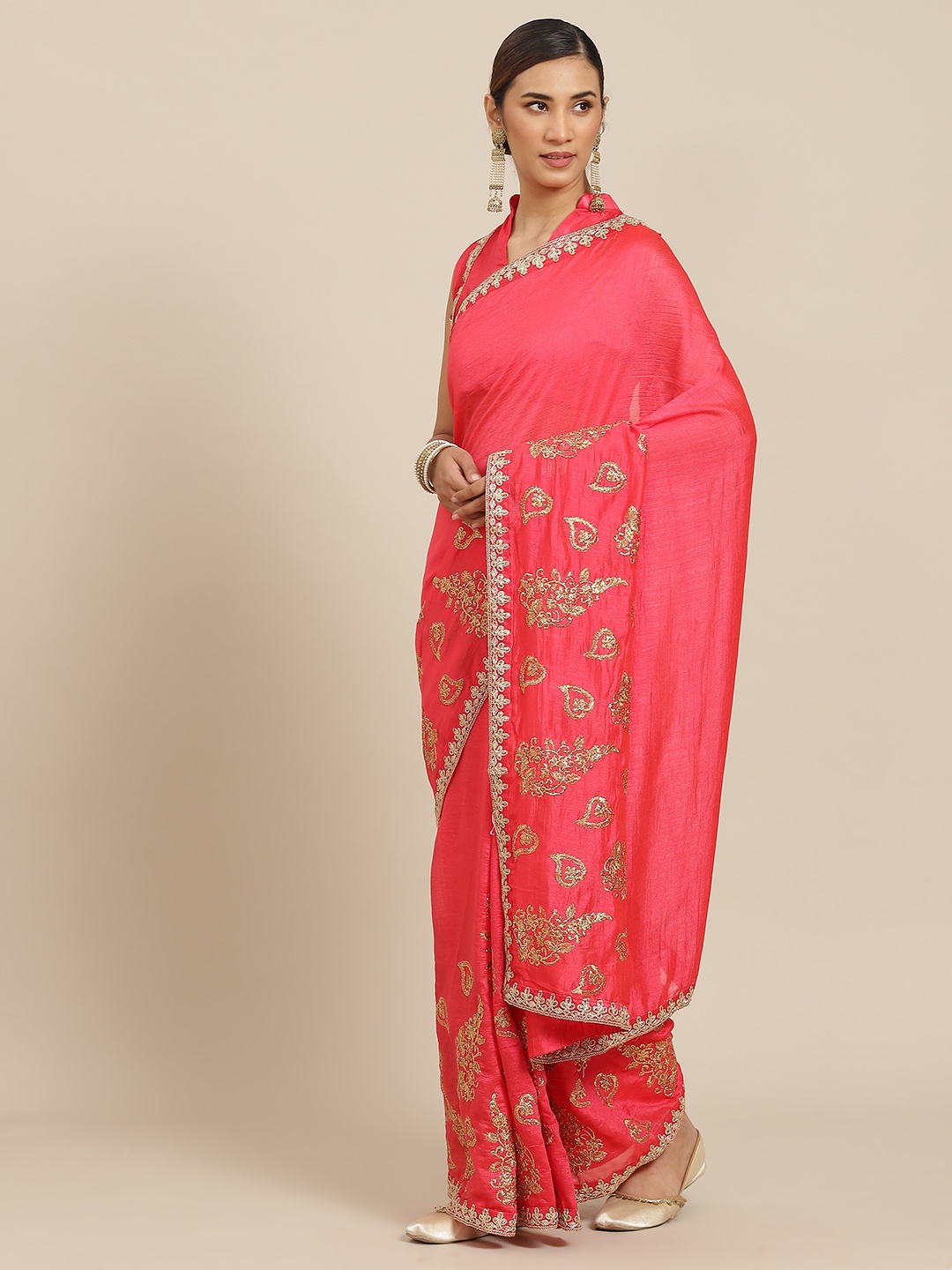 

Kalista Pink & Gold-Toned Ethnic Motifs Zari Saree