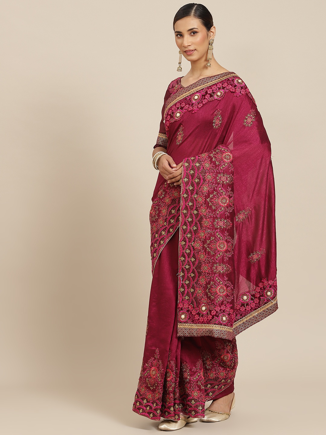 

Kalista Burgundy Floral Embroidered Saree