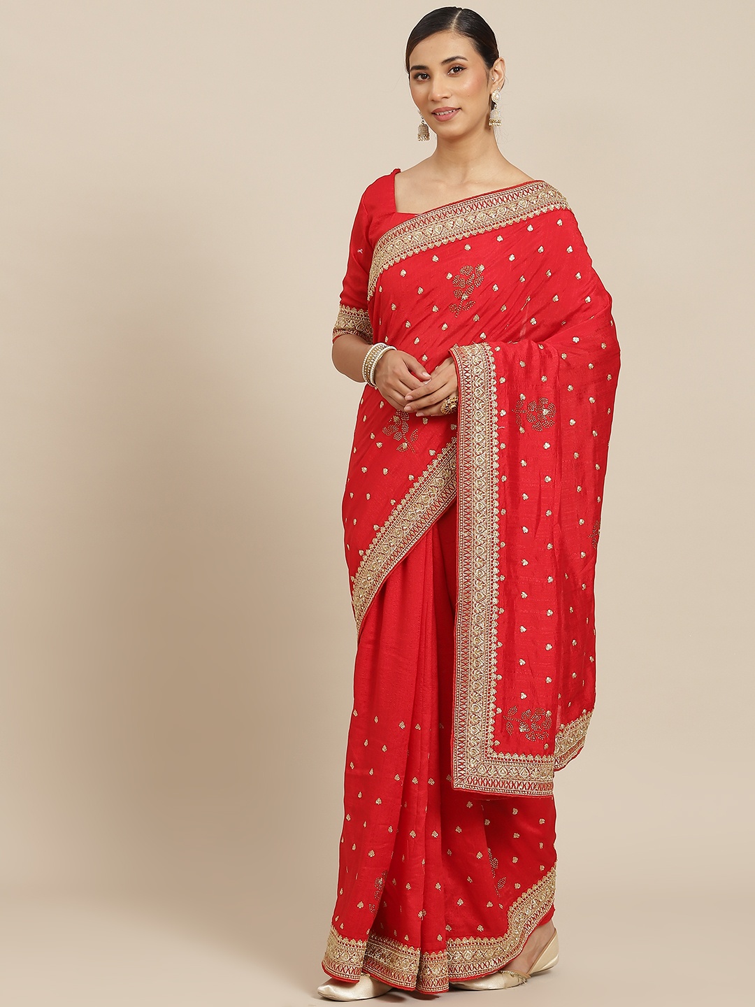 

Kalista Red & Gold-Toned Ethnic Motifs Zari Saree