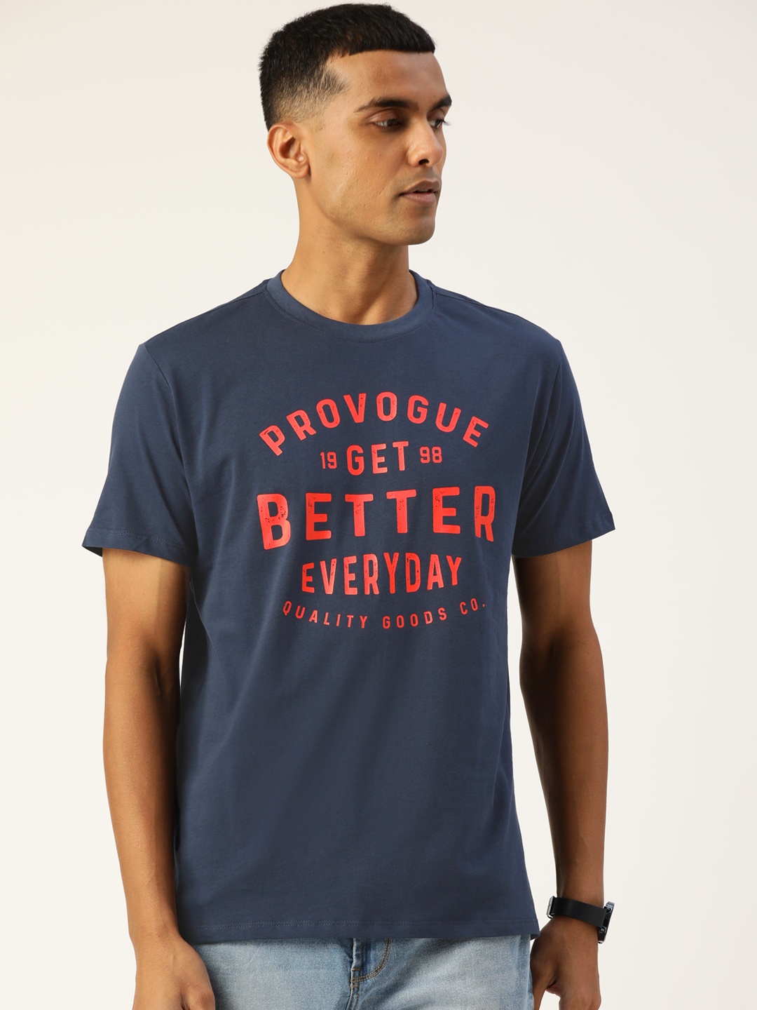 

Provogue Men Navy Blue & Red Brand Logo Printed Pure Cotton T-shirt
