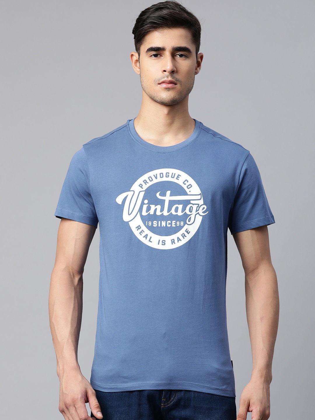 

Provogue Men Blue Printed Pure Cotton T-shirt