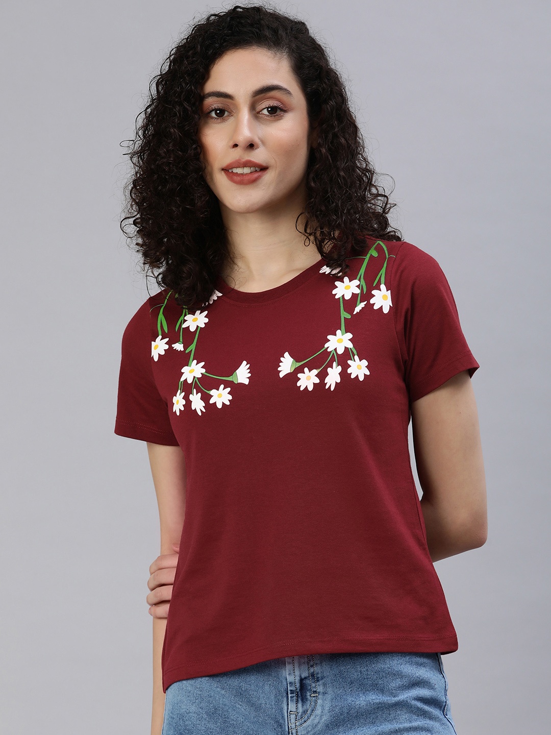 

Provogue Women Round Neck Floral Printed T-shirt, Maroon