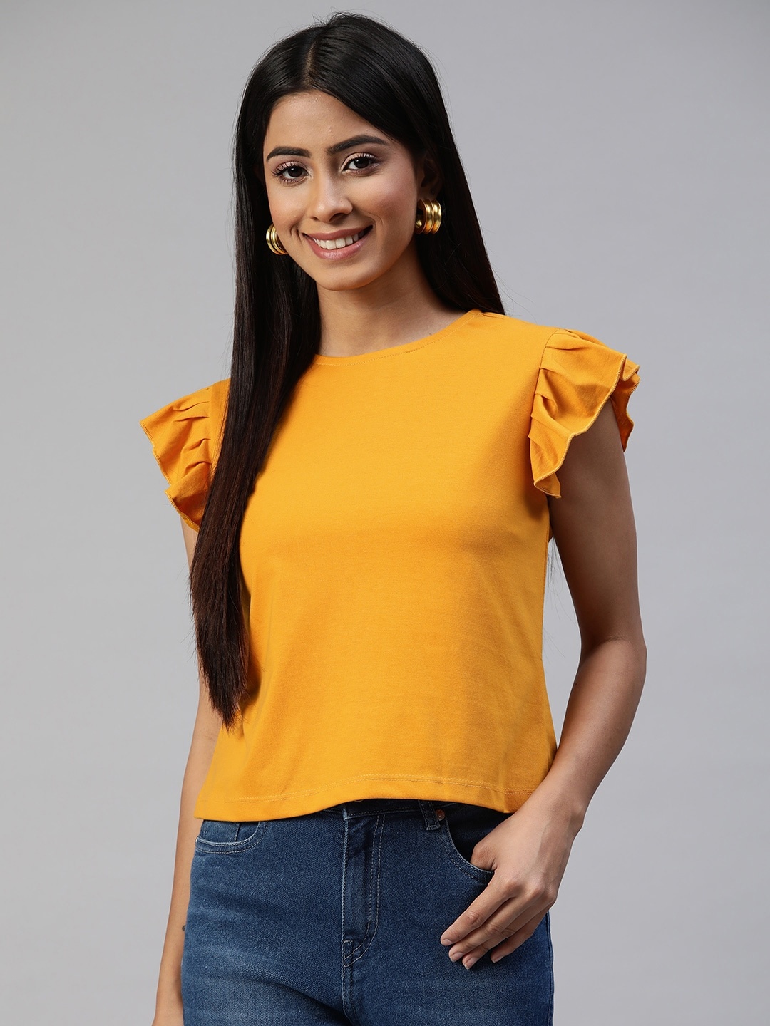 

Provogue Women Mustard Yellow Flutter Sleeves T-shirt