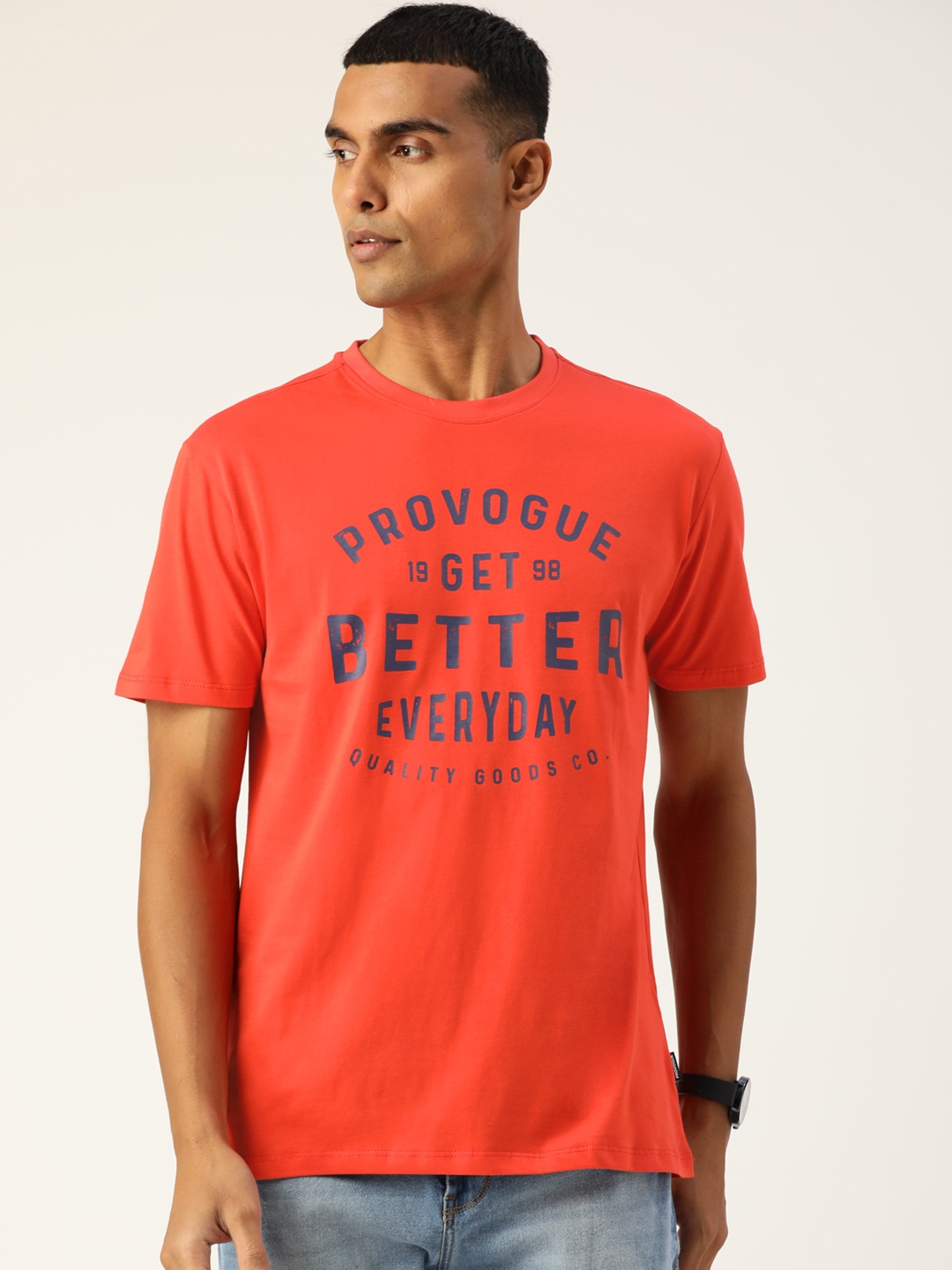 

Provogue Men Red & Navy Blue Brand Logo Printed Pure Cotton T-shirt