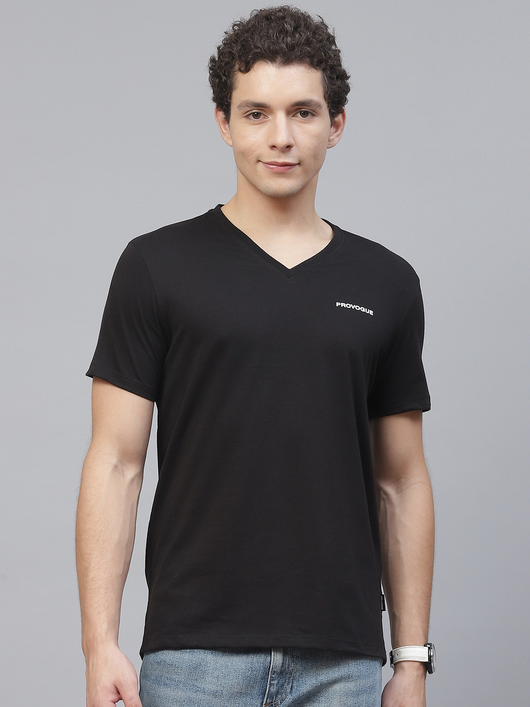 

Provogue Men Black Brand Logo Printed V-Neck T-shirt