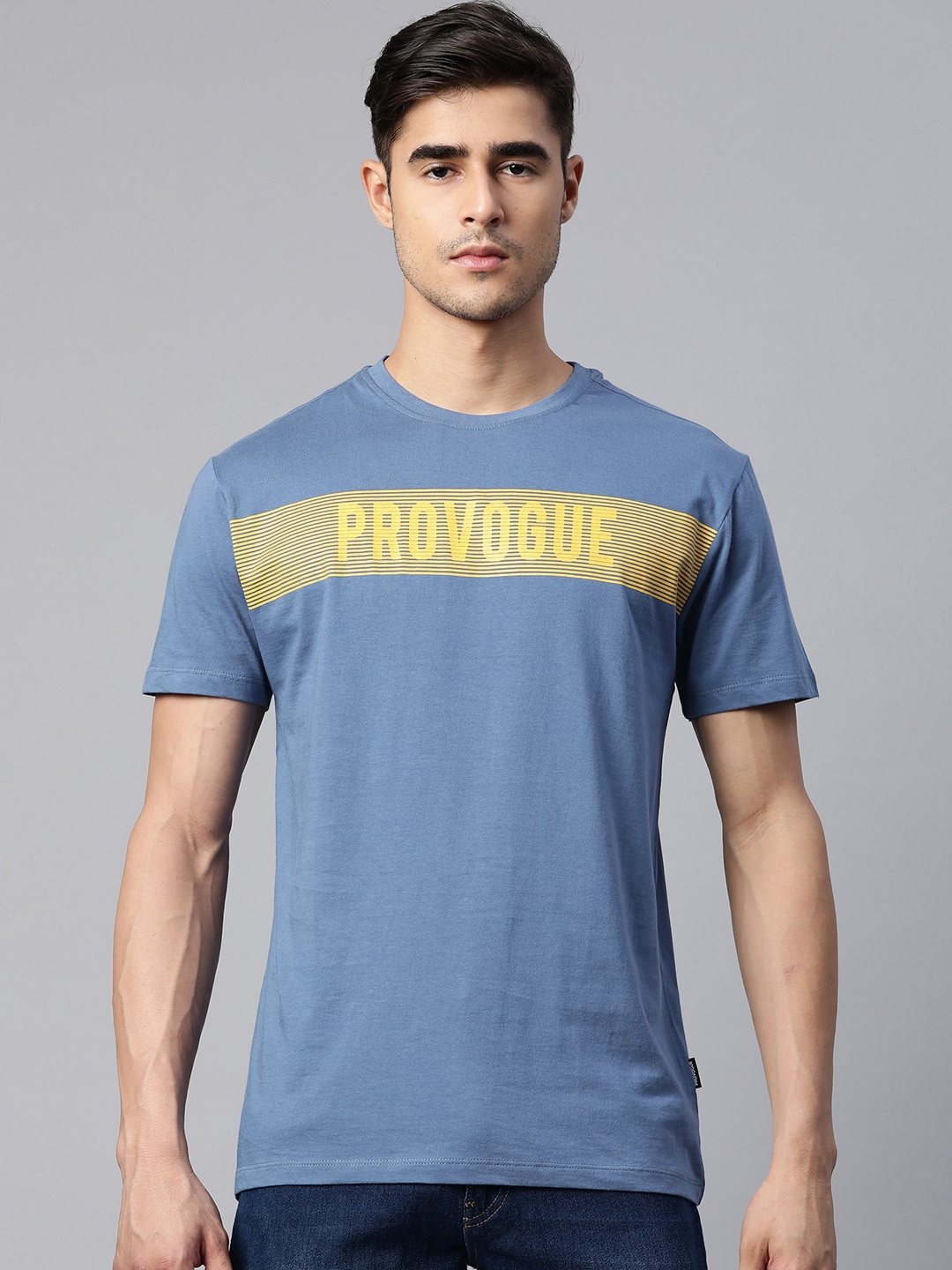 

Provogue Men Blue & Yellow Printed Pure Cotton T-shirt