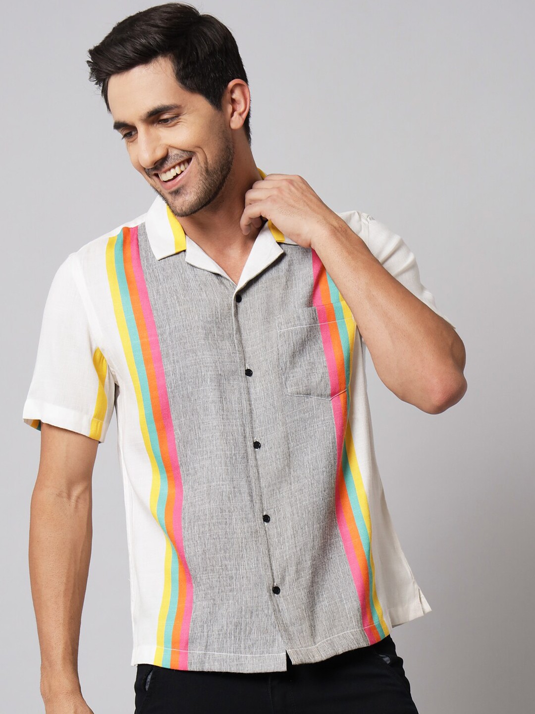 

LAKAALA Men Cream-Coloured Relaxed Striped Casual Shirt