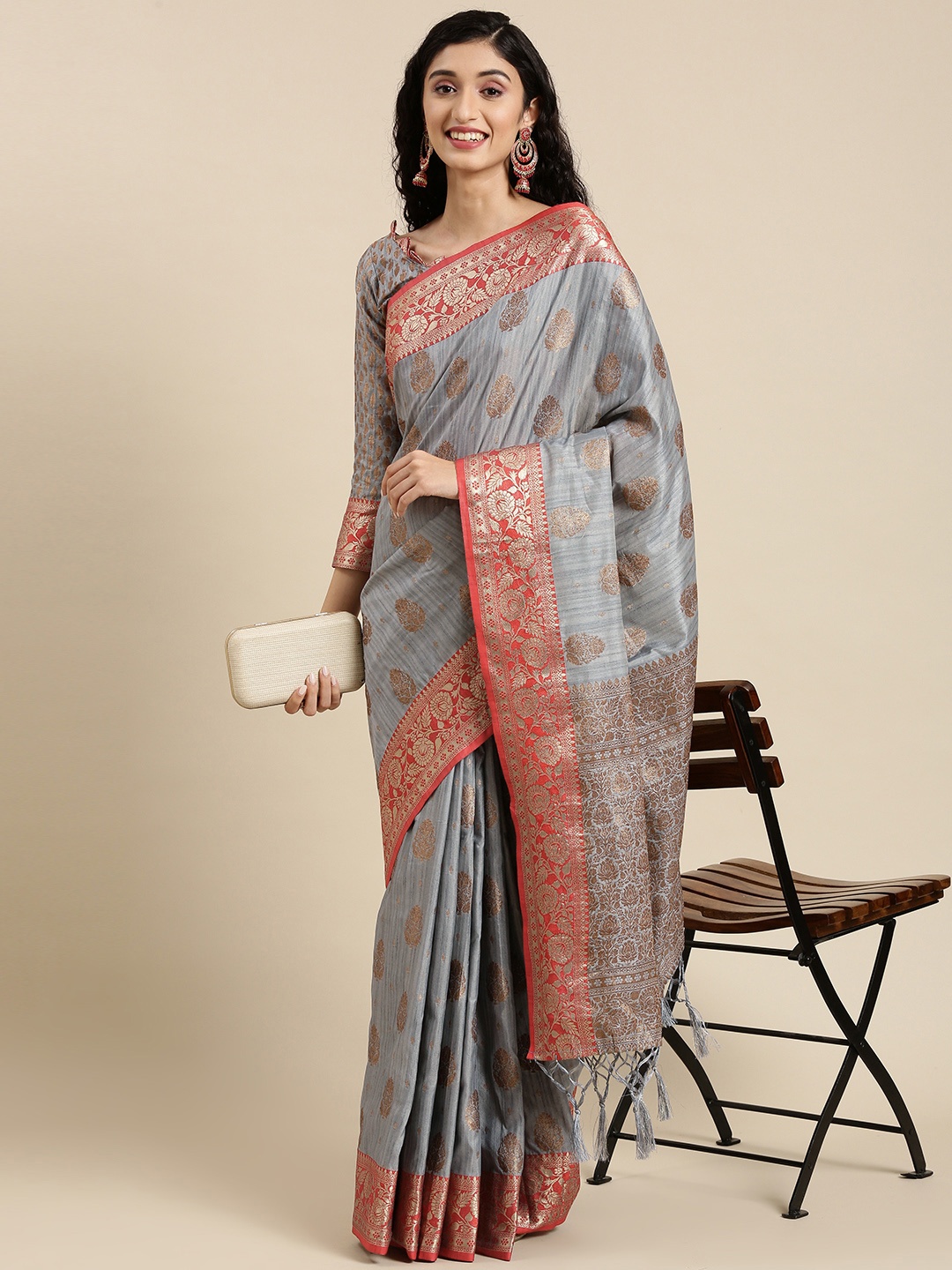 

Mitera Grey & Red Ethnic Motifs Pure Silk Venkatgiri Saree