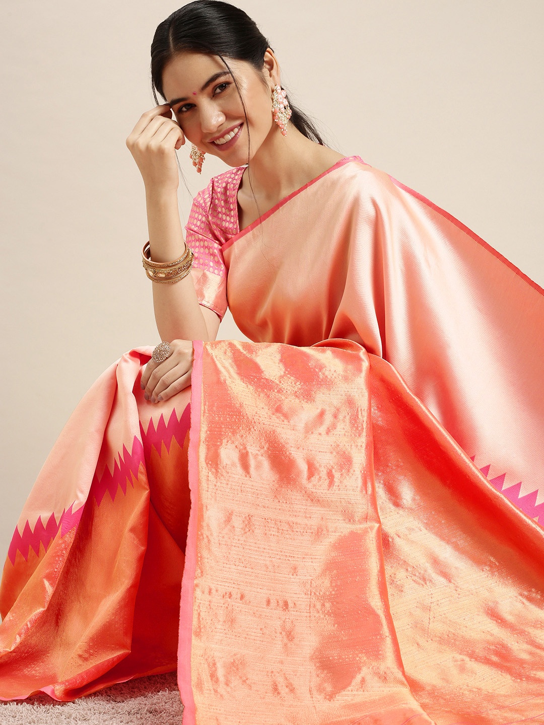 

Fabcartz Pink & Cream-Coloured Zari Art Silk Banarasi Saree