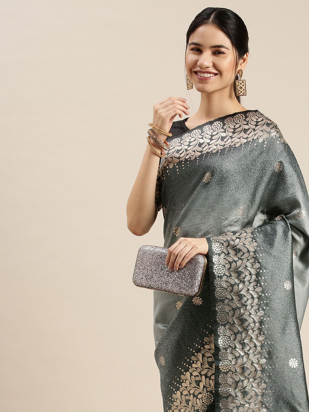 

Fabcartz Grey & Black Ethnic Motifs Zari Art Silk Banarasi Saree