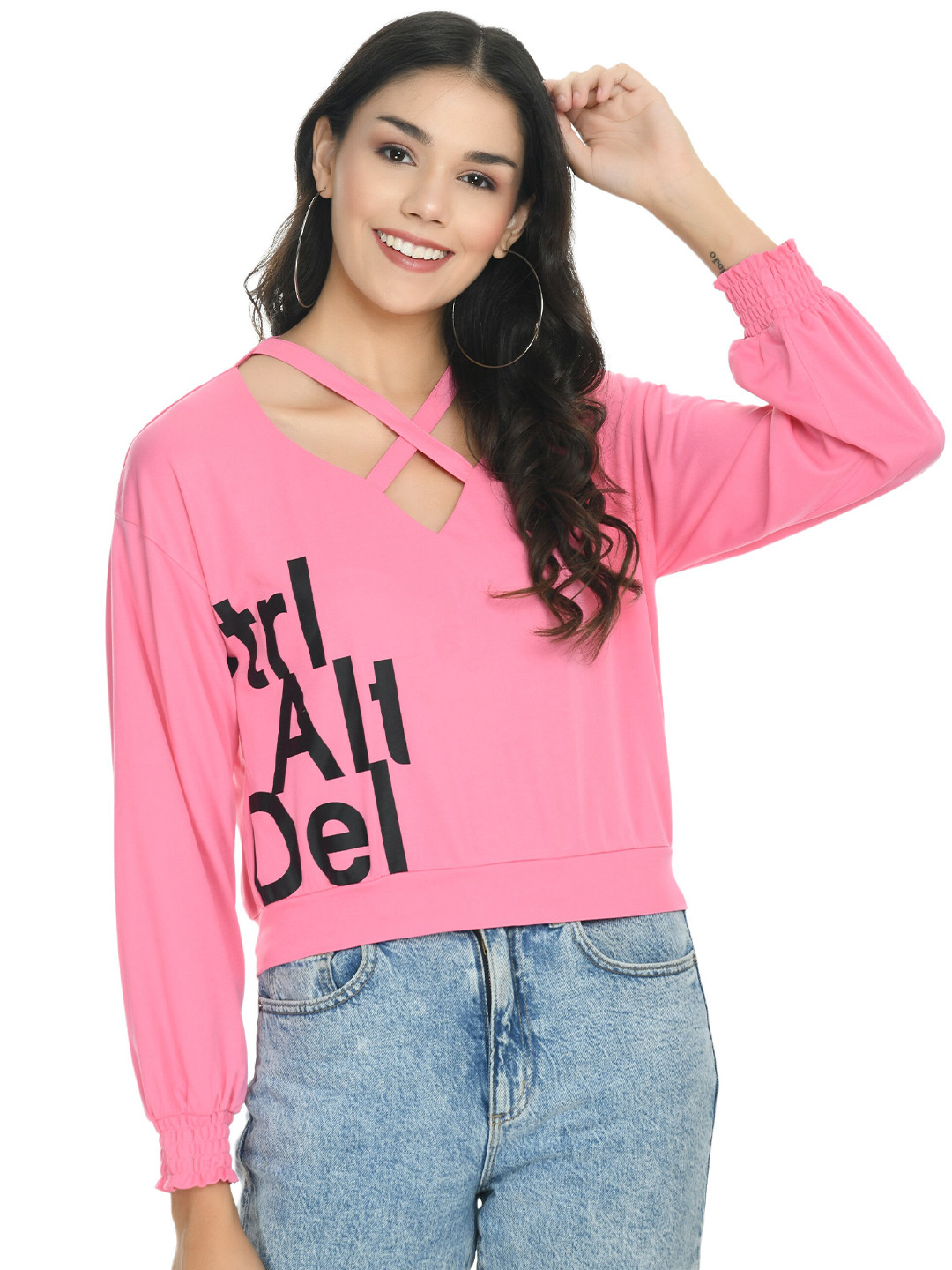 

DOLSU Pink Print Choker Neck Top
