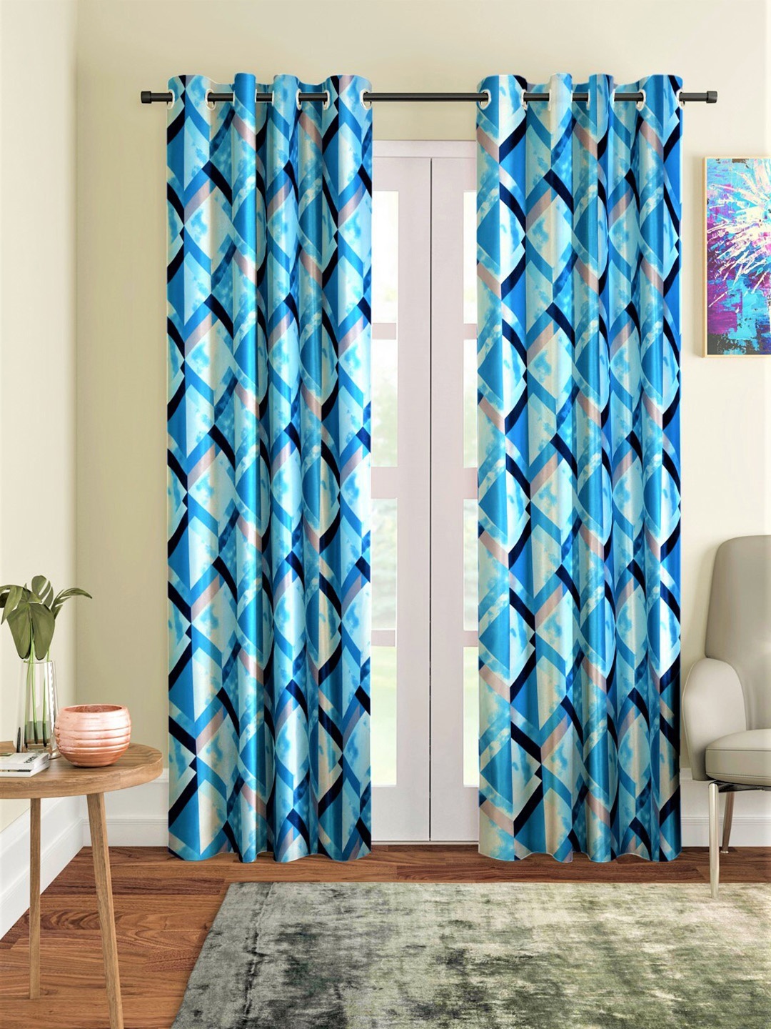 

Home Sizzler Turquoise Blue Set of 2 Geometric Long Door Curtain