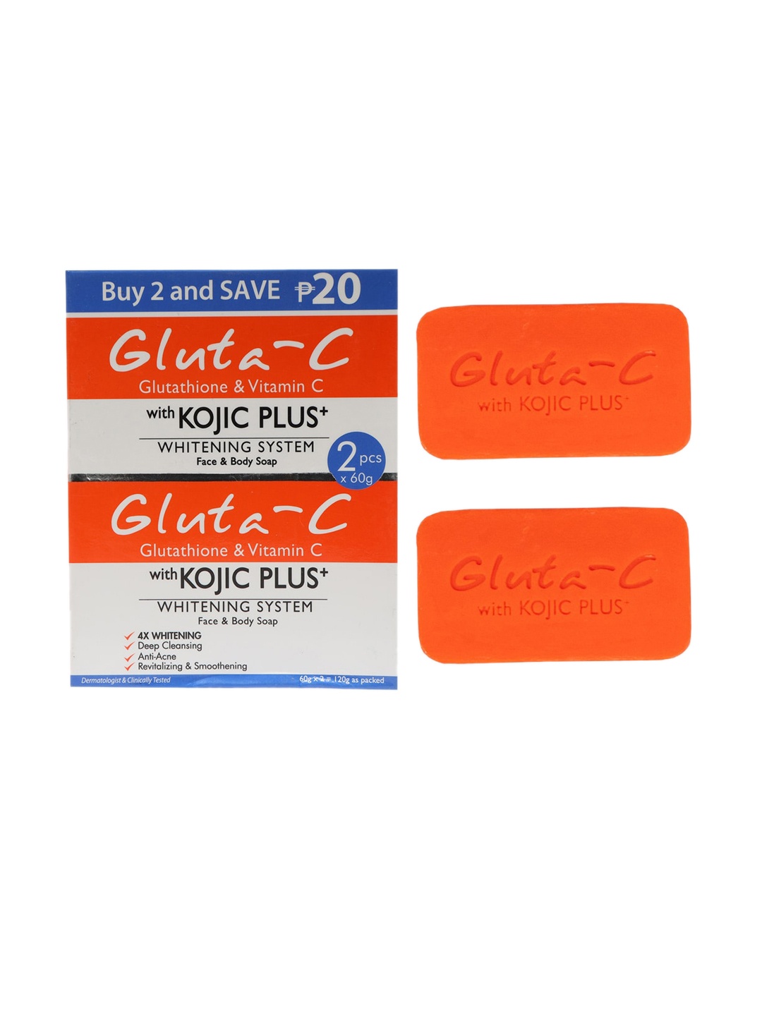 

GLUTA-C Set of 2 Glutathione & Vit C Face & Body Whitening Soaps with Kojic Plus- 60g each, Orange