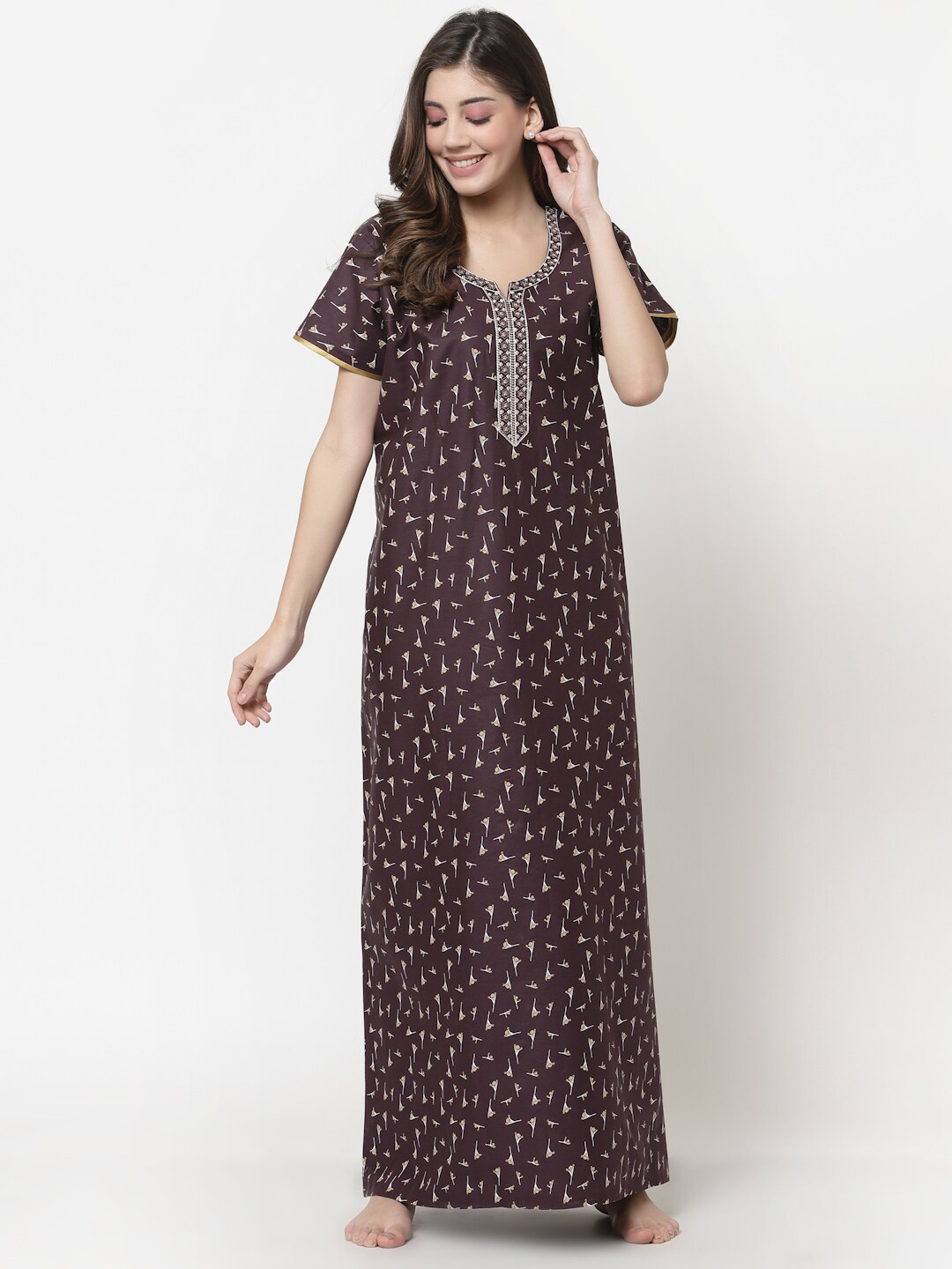 

Sweet Dreams Maroon Printed Maxi Nightdress