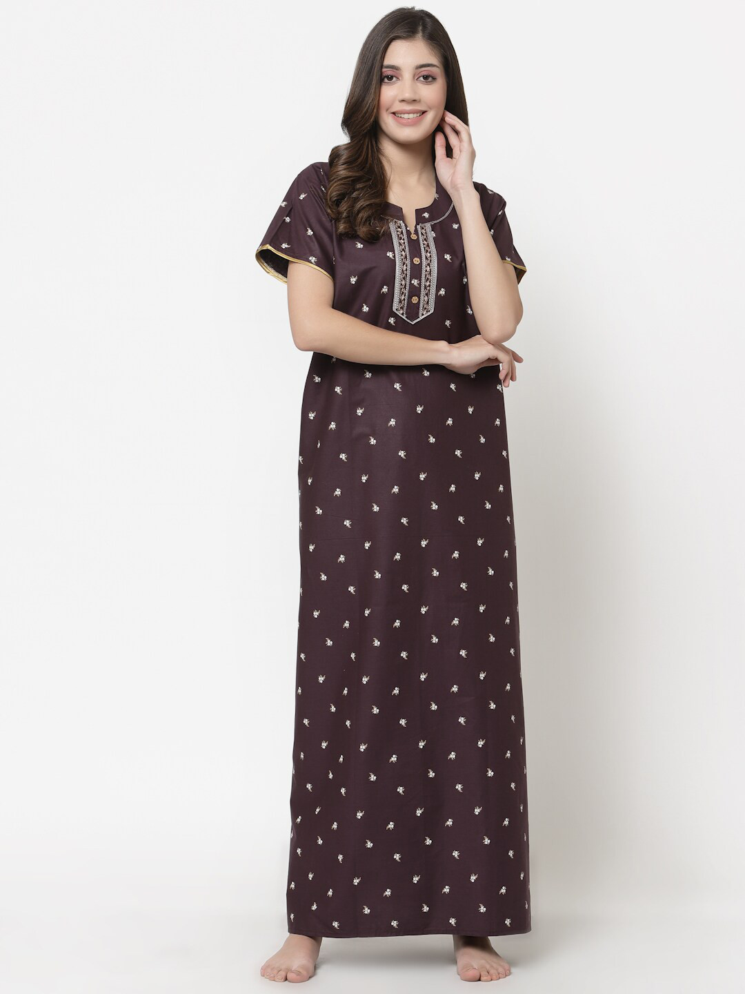 

Sweet Dreams Maroon Printed Maxi Nightdress