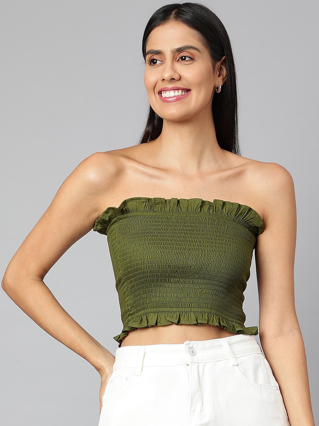 

FINSBURY LONDON Olive Green Smocked Tube Crop Top