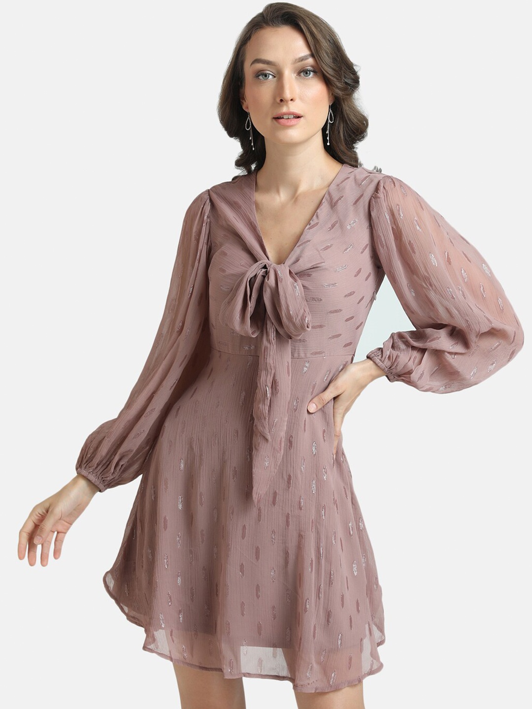 

Kazo Mauve Tie-Up Neck Chiffon A-Line Dress