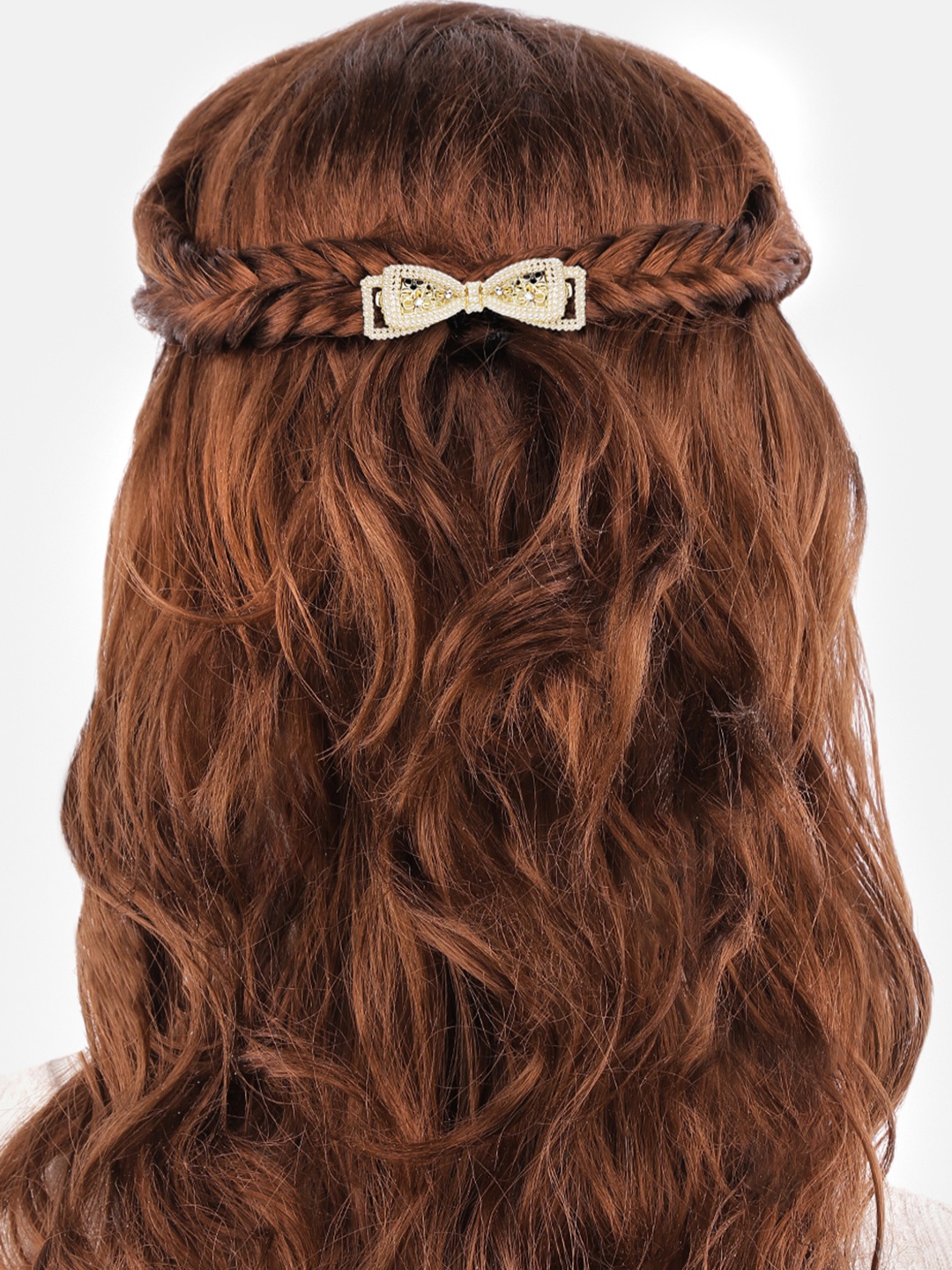 

I Jewels Gold-Toned & White Beaded Bow Shaped Hair Clip
