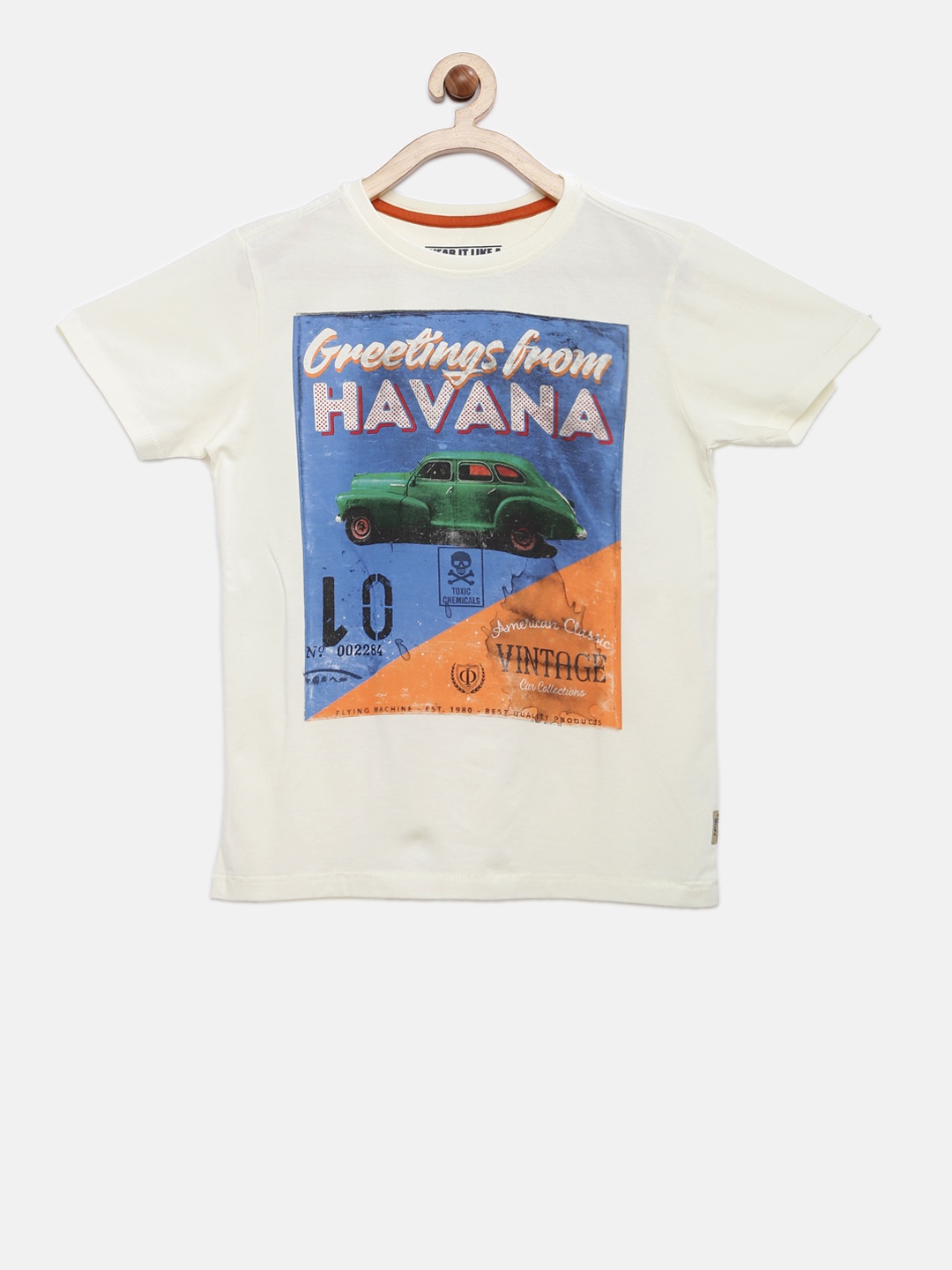 

Flying Machine Boys Off-White Blue Printed Round Neck Pure Cotton T-shirt