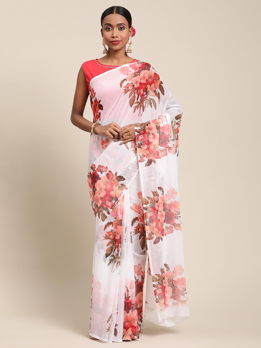 

Ahalyaa White & Red Unstitched Floral Saree