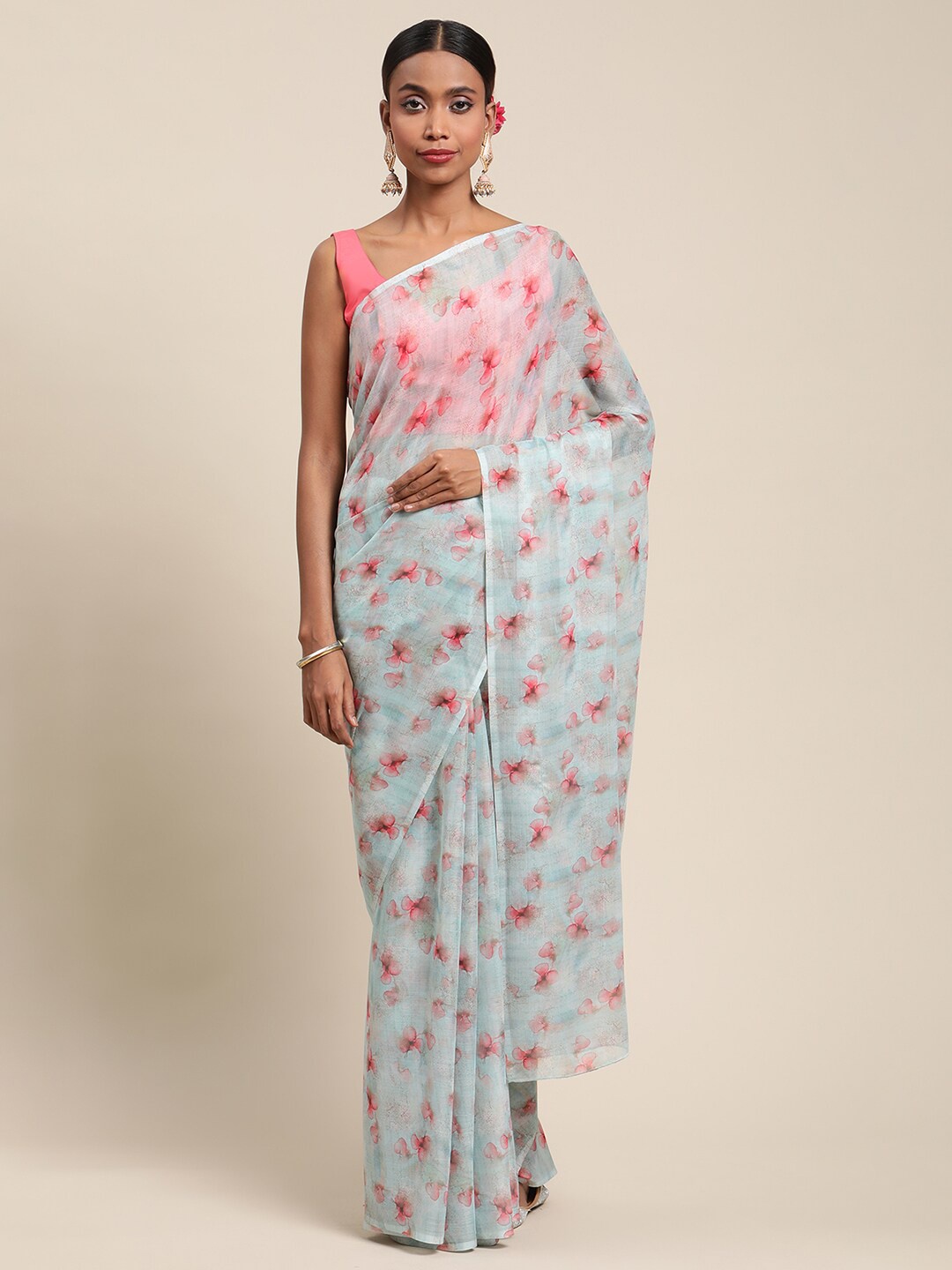 

Ahalyaa Blue & Pink Floral Saree