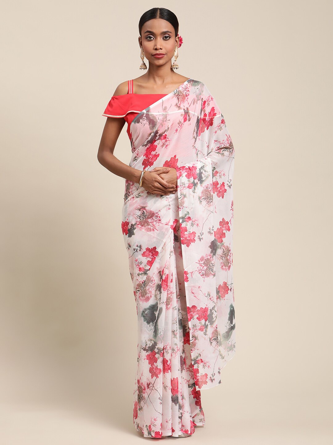 

Ahalyaa White & Red Floral Printed Saree