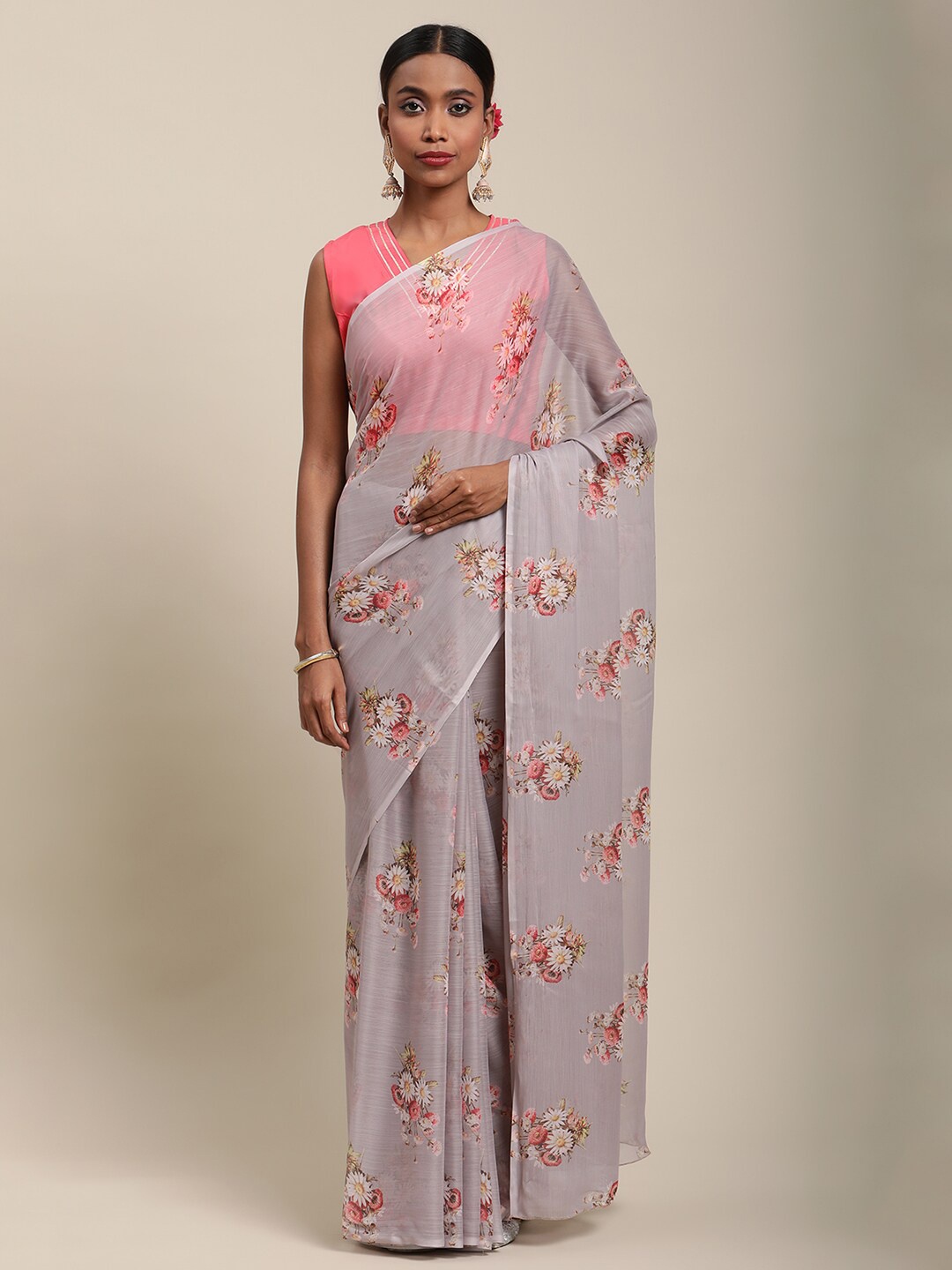 

Ahalyaa Grey & Pink Floral Saree