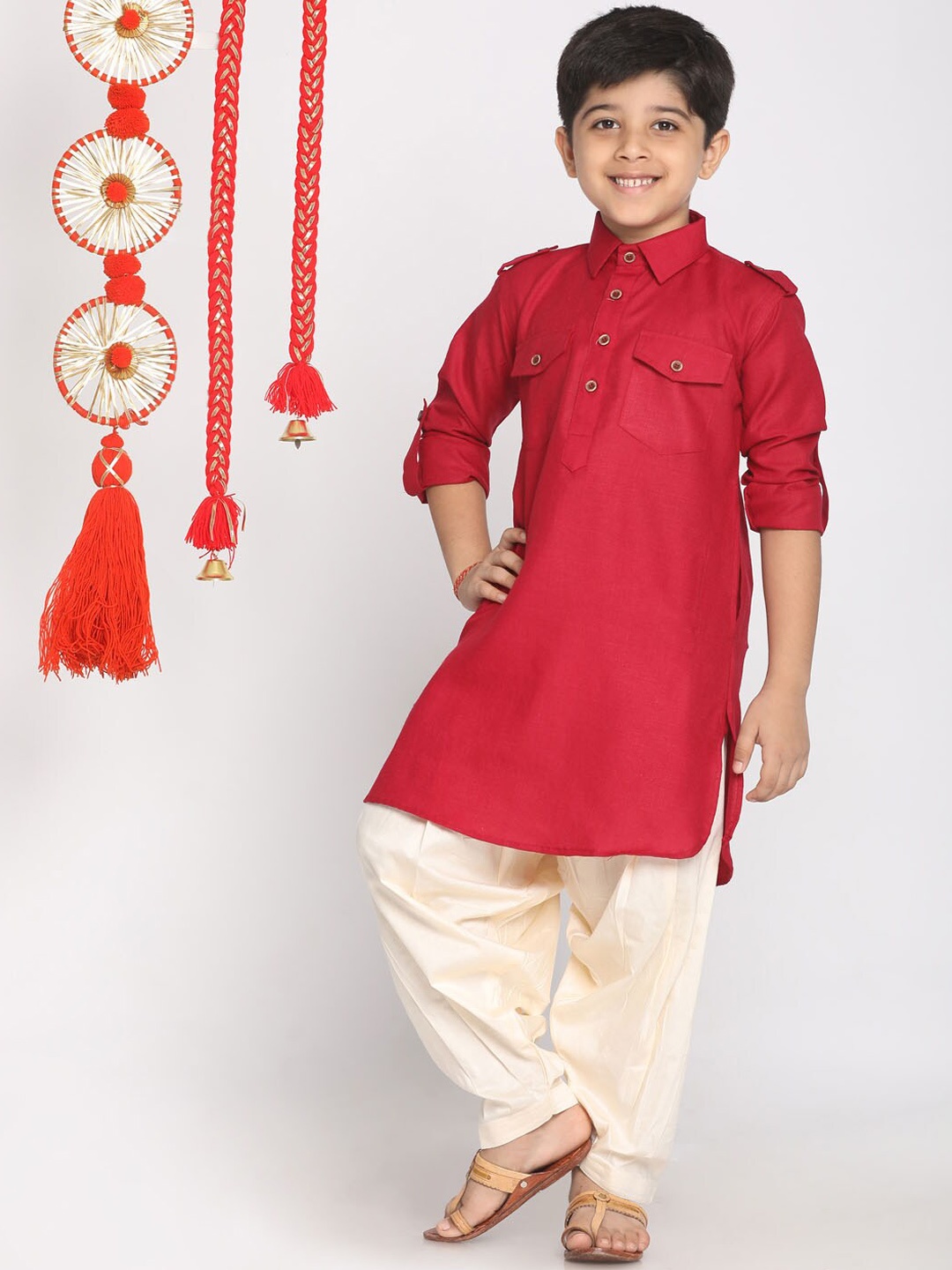 

VASTRAMAY Boys Maroon Kurti with Pyjamas