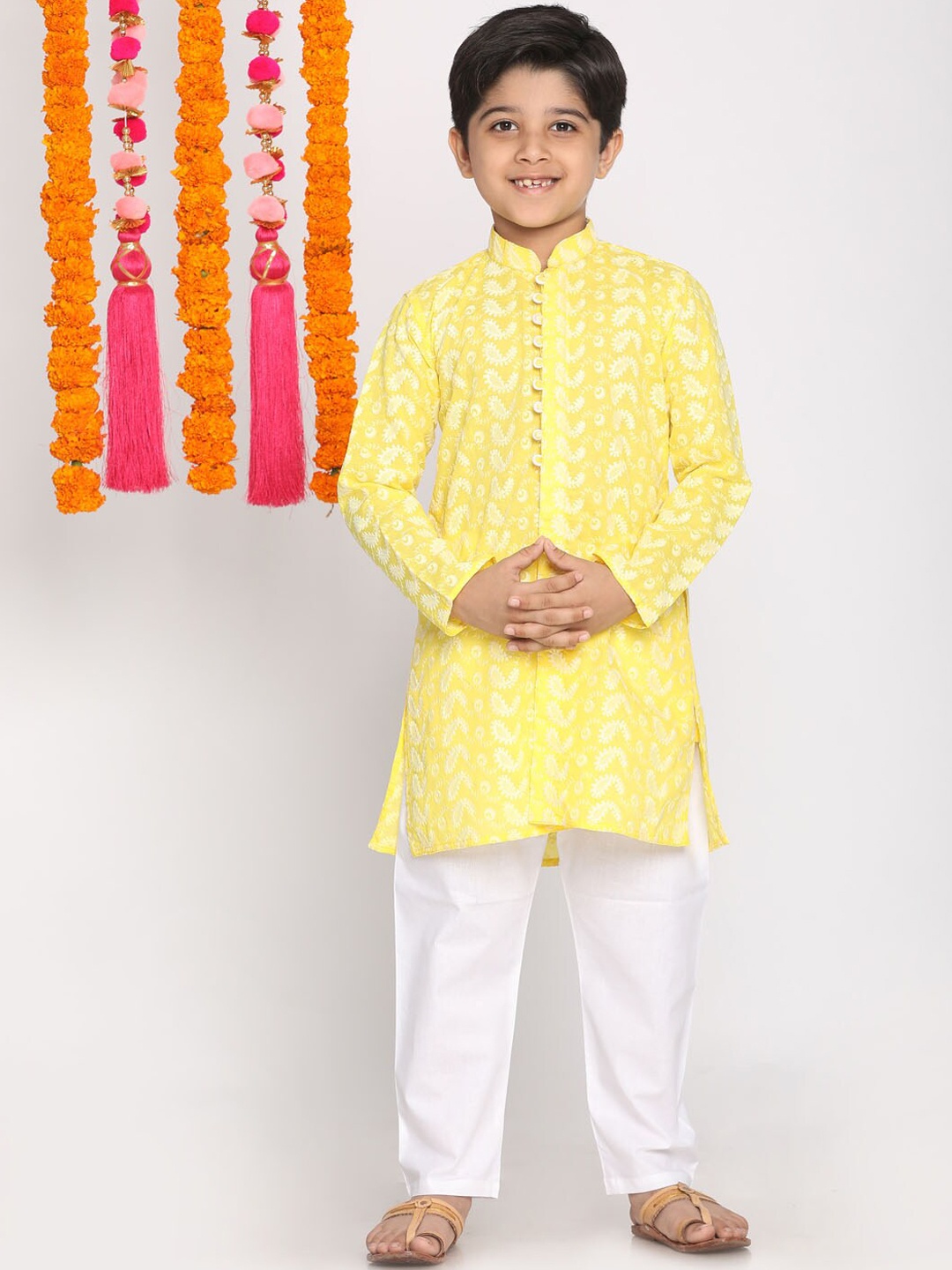 

VASTRAMAY Boys Mustard Yellow Floral Printed Angrakha Chikankari Pure Cotton Kurti with Pyjamas