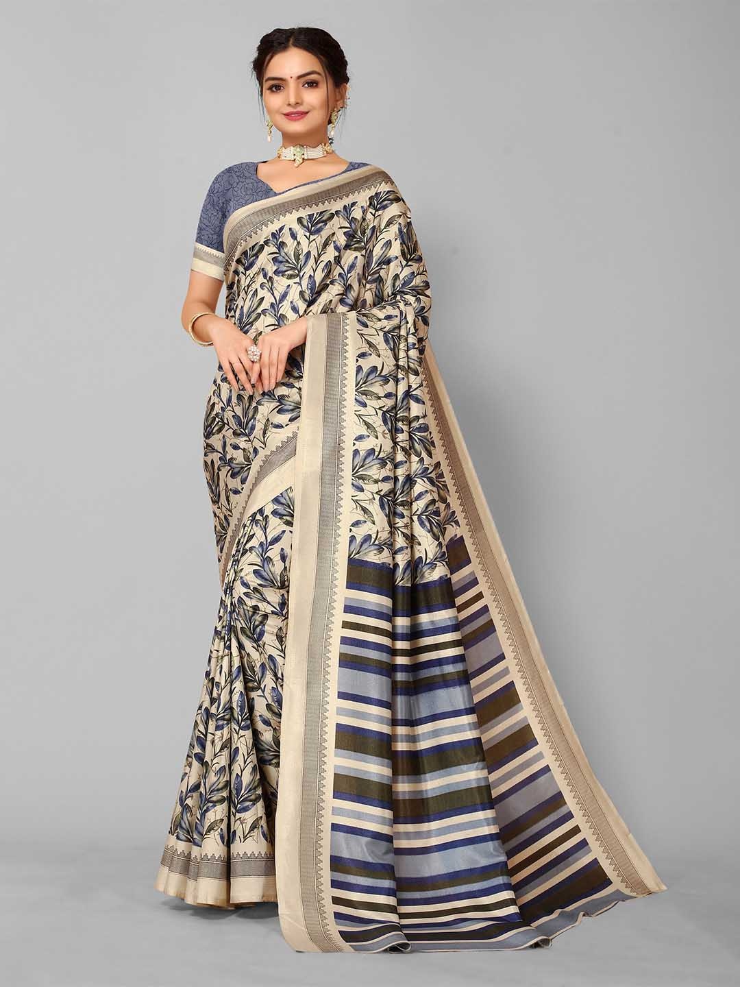 

Nimayaa Beige & Blue Floral Block Print Saree