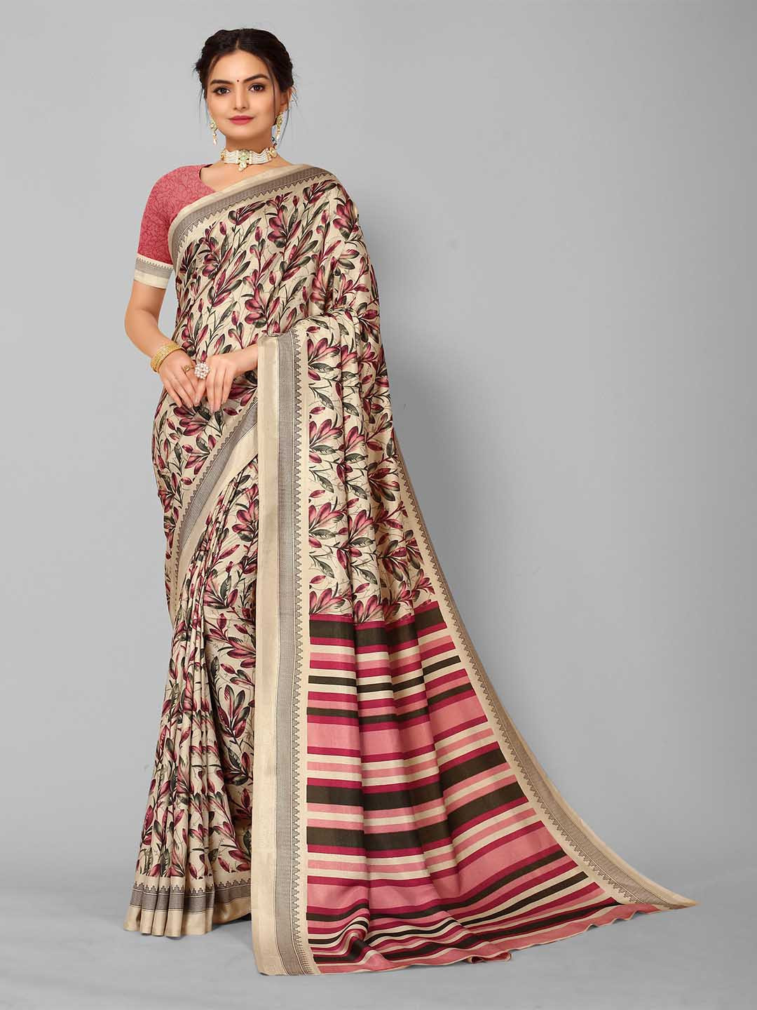 

Nimayaa Beige & Pink Floral Block Print Saree