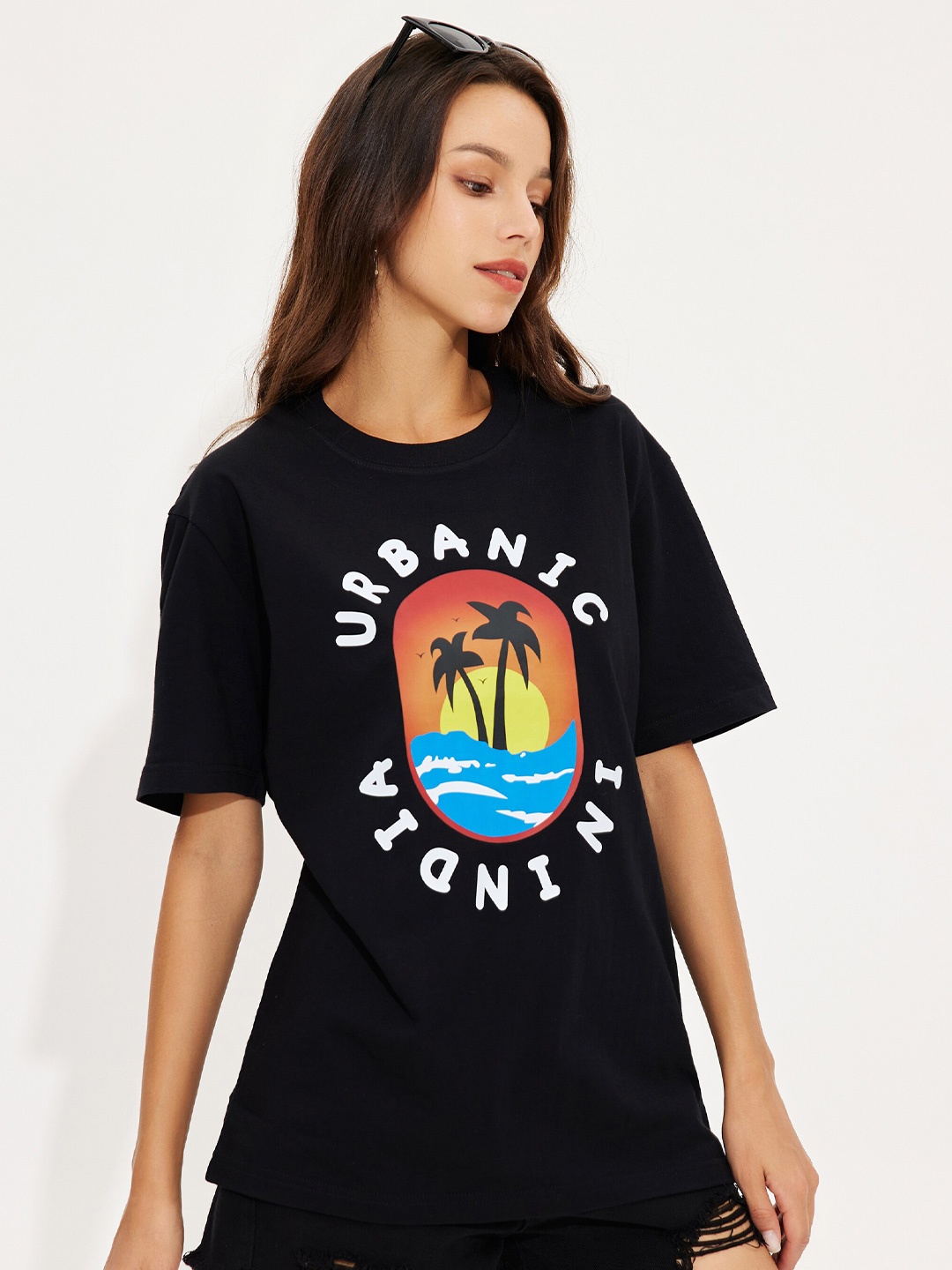 

URBANIC Women Black & xiketic Typography Printed Extended Sleeves Applique T-shirt