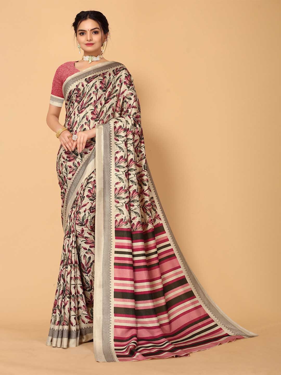 

Sangria Beige & Pink Floral Block Print Saree