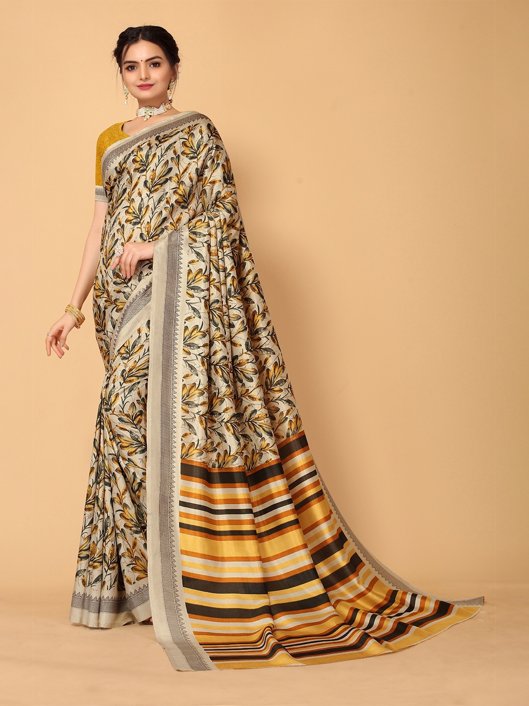 

Sangria Beige & Yellow Floral Printed Saree